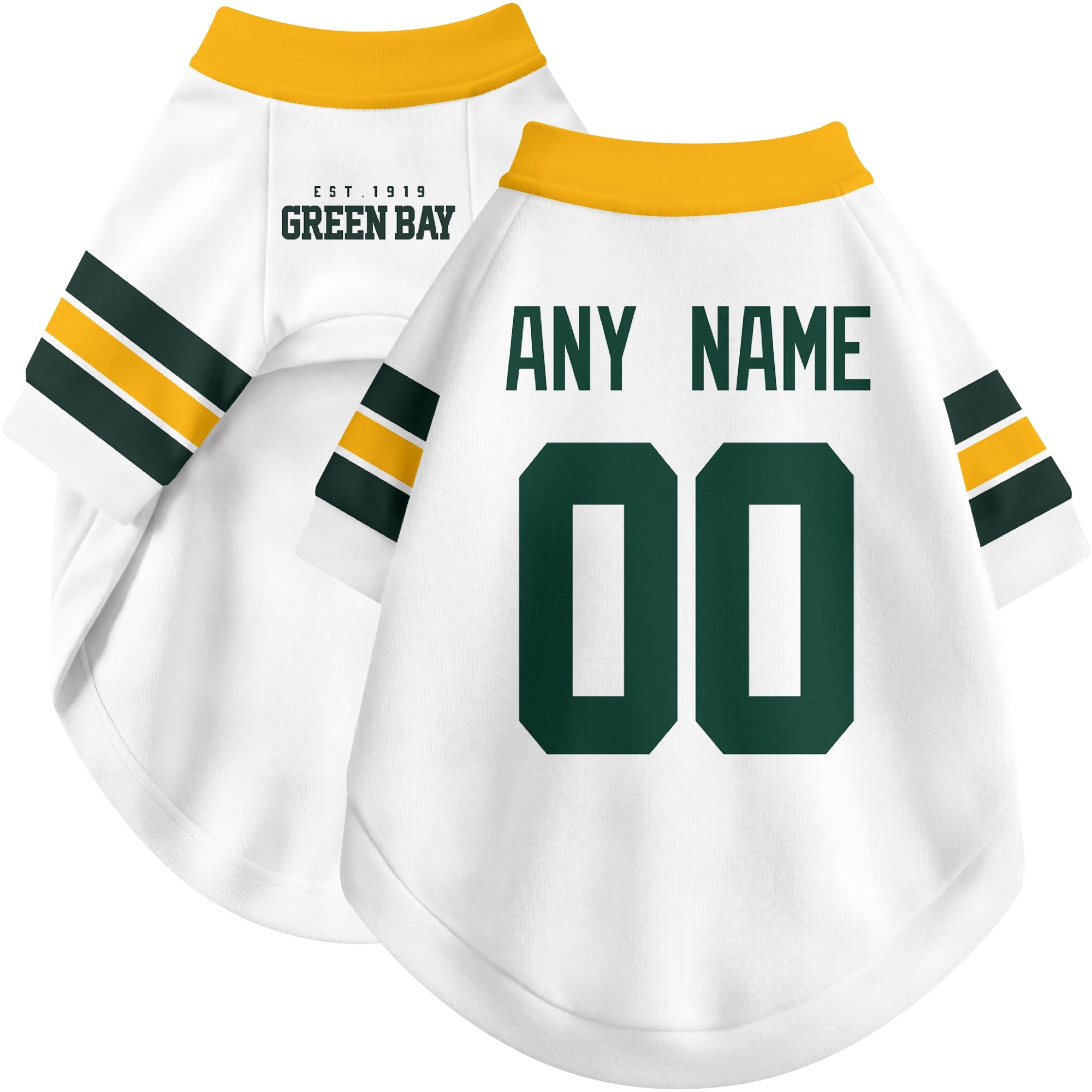 Custom football-style dog jersey in white personalized with any name and number