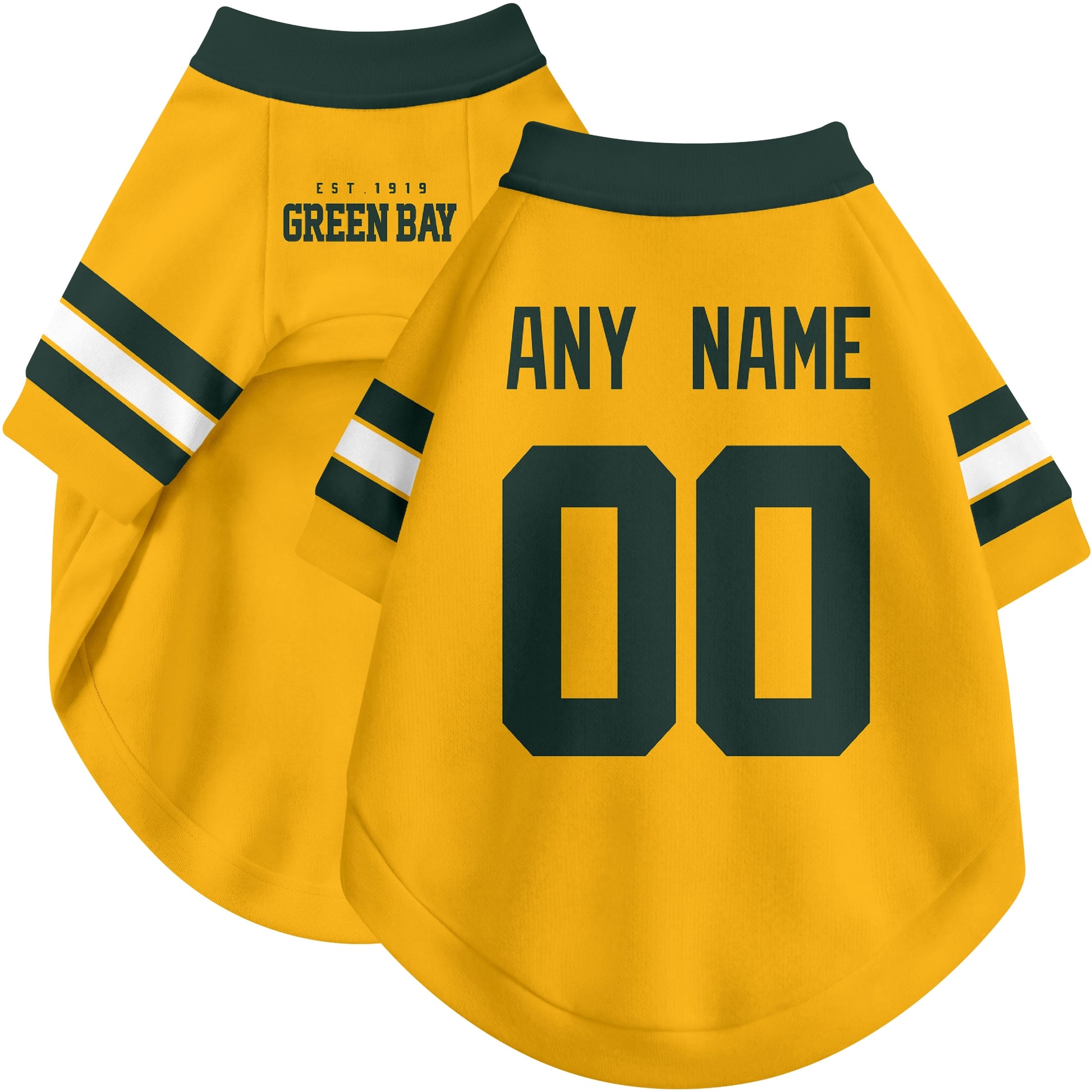 Custom football-style dog jersey in gold personalized with any name and number