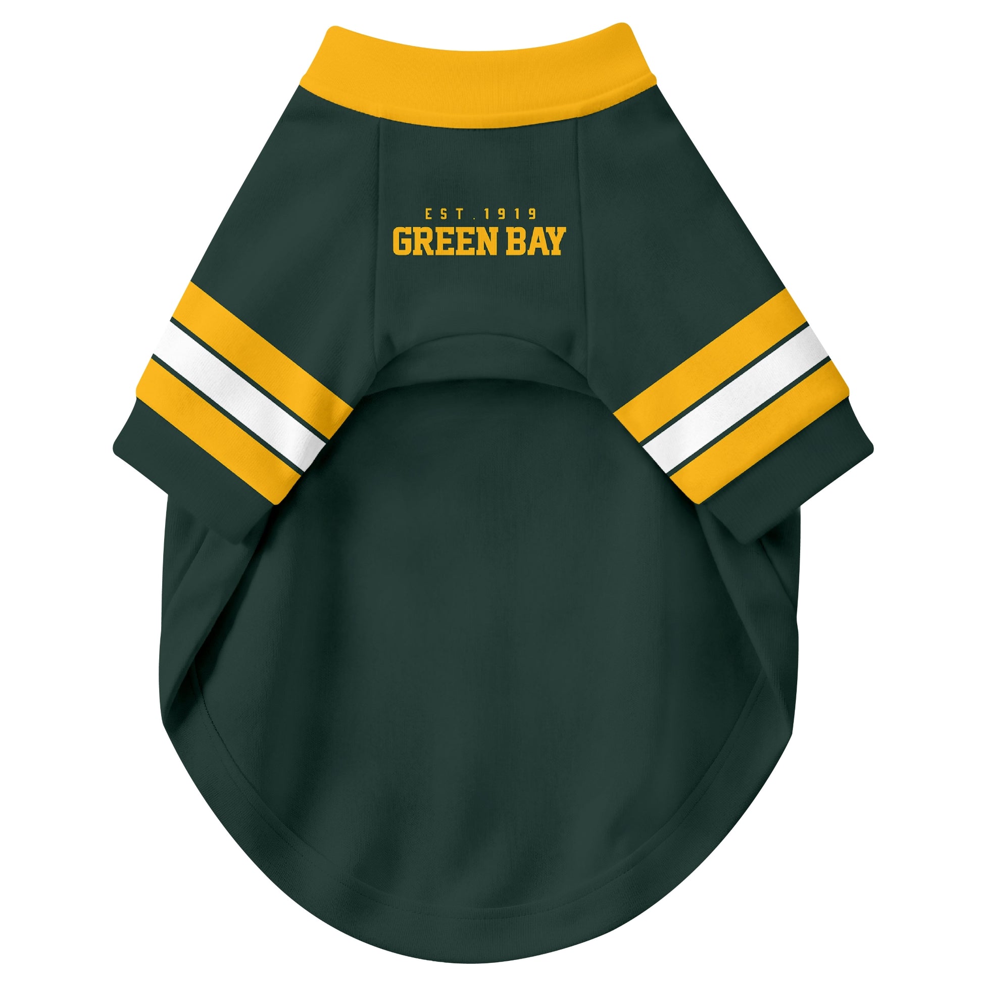 Front view of custom dog jersey in green personalized with name and number