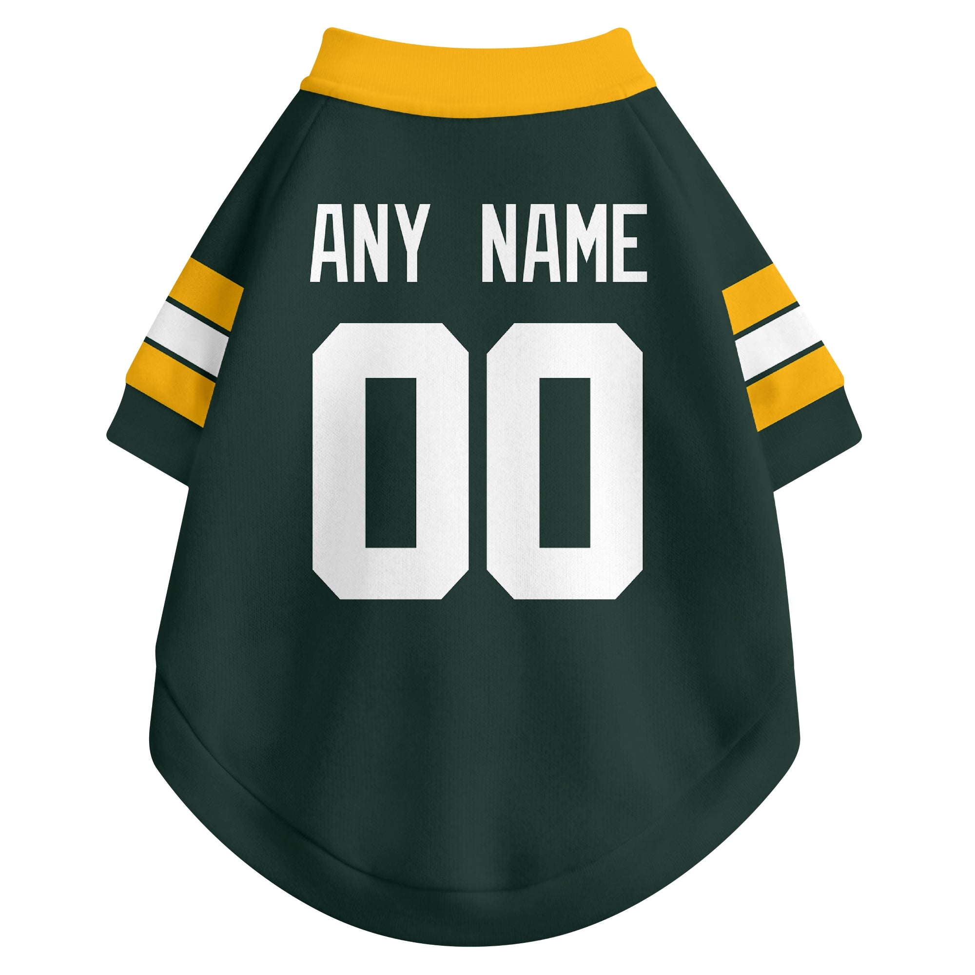 Back view of custom dog jersey in green showing name and number customization