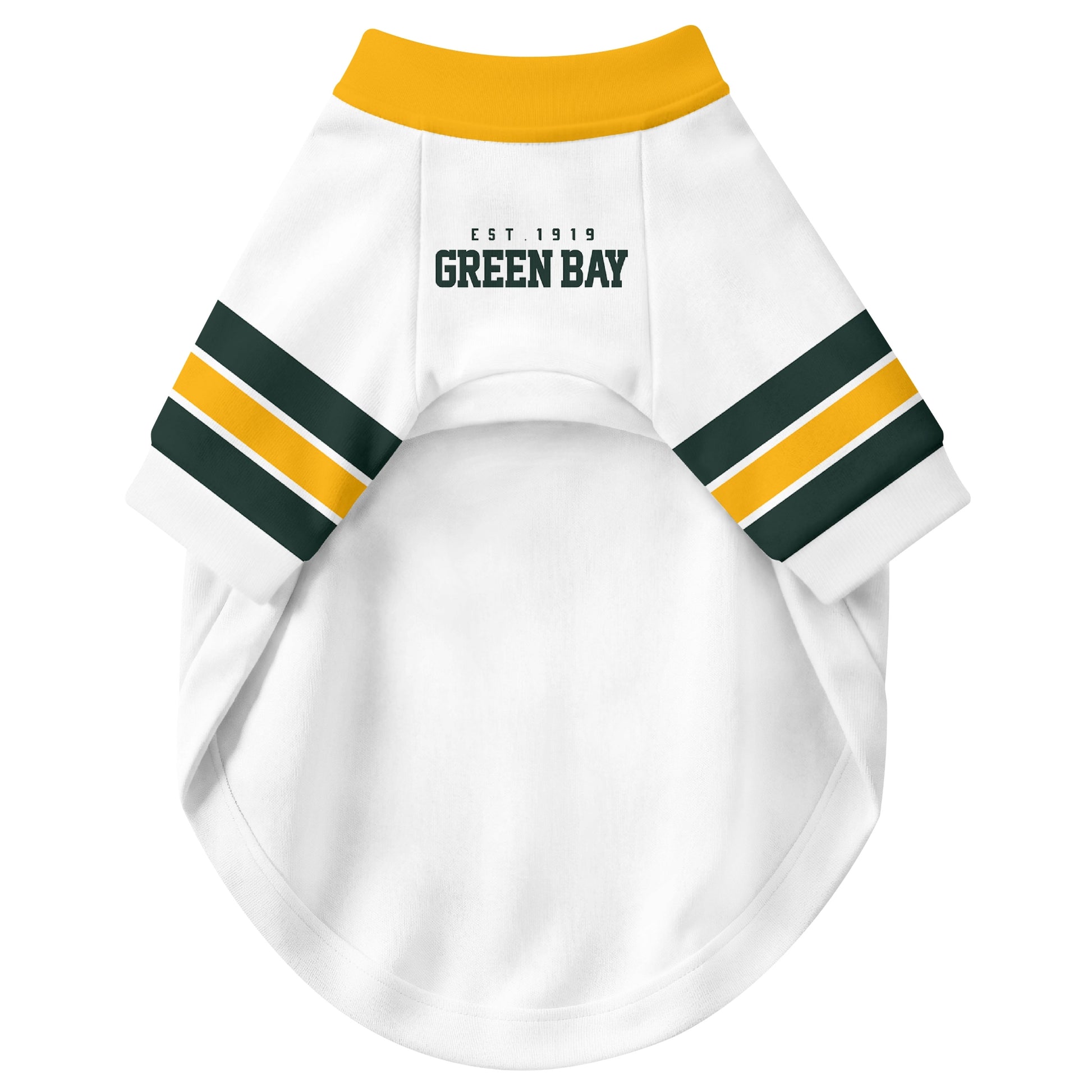 Front view of custom dog jersey in white personalized with name and number