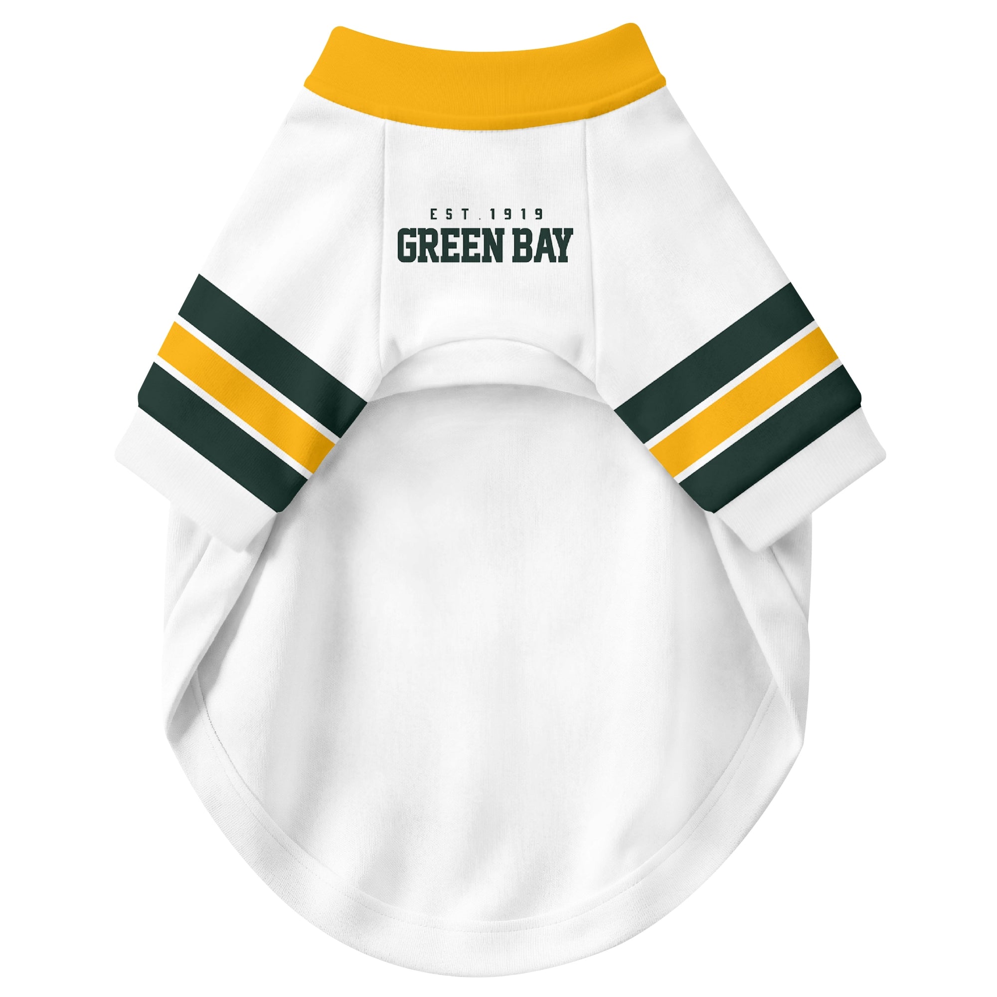 Front view of custom dog jersey in white personalized with name and number