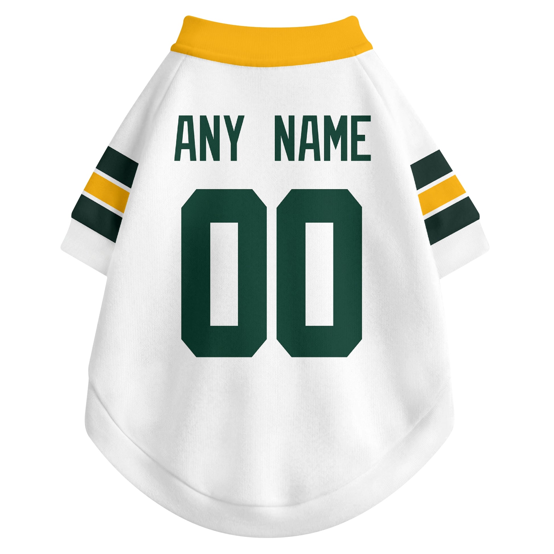 Back view of custom dog jersey in white showing name and number customization