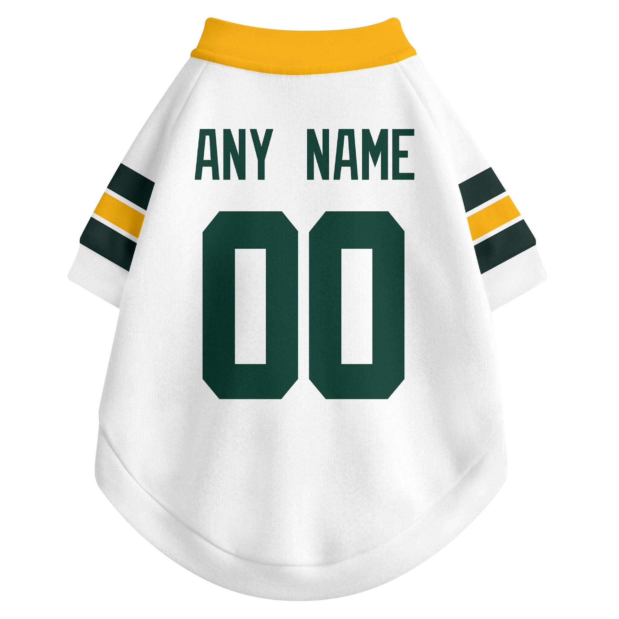 Back view of custom dog jersey in white showing name and number customization