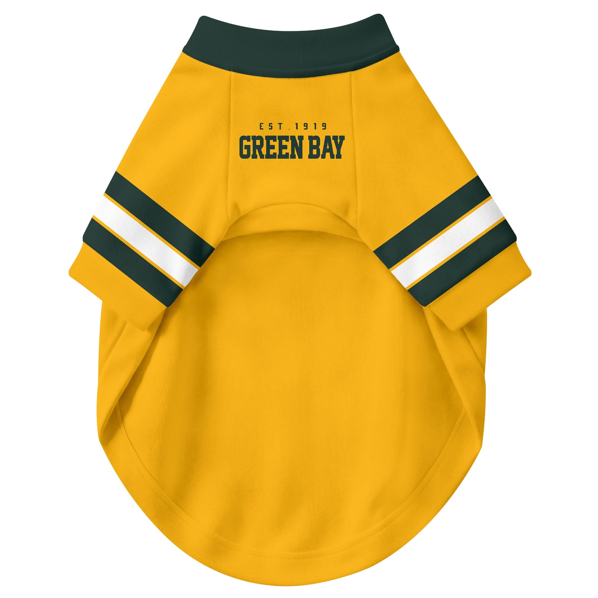 Front view of custom dog jersey in gold personalized with name and number