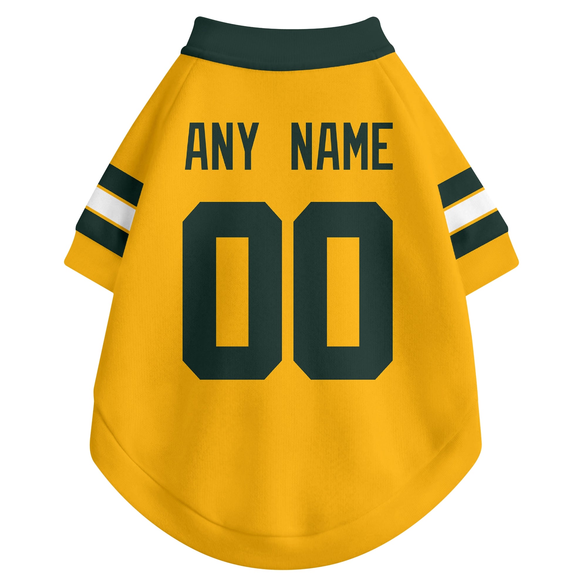 Back view of custom dog jersey in gold showing name and number customization