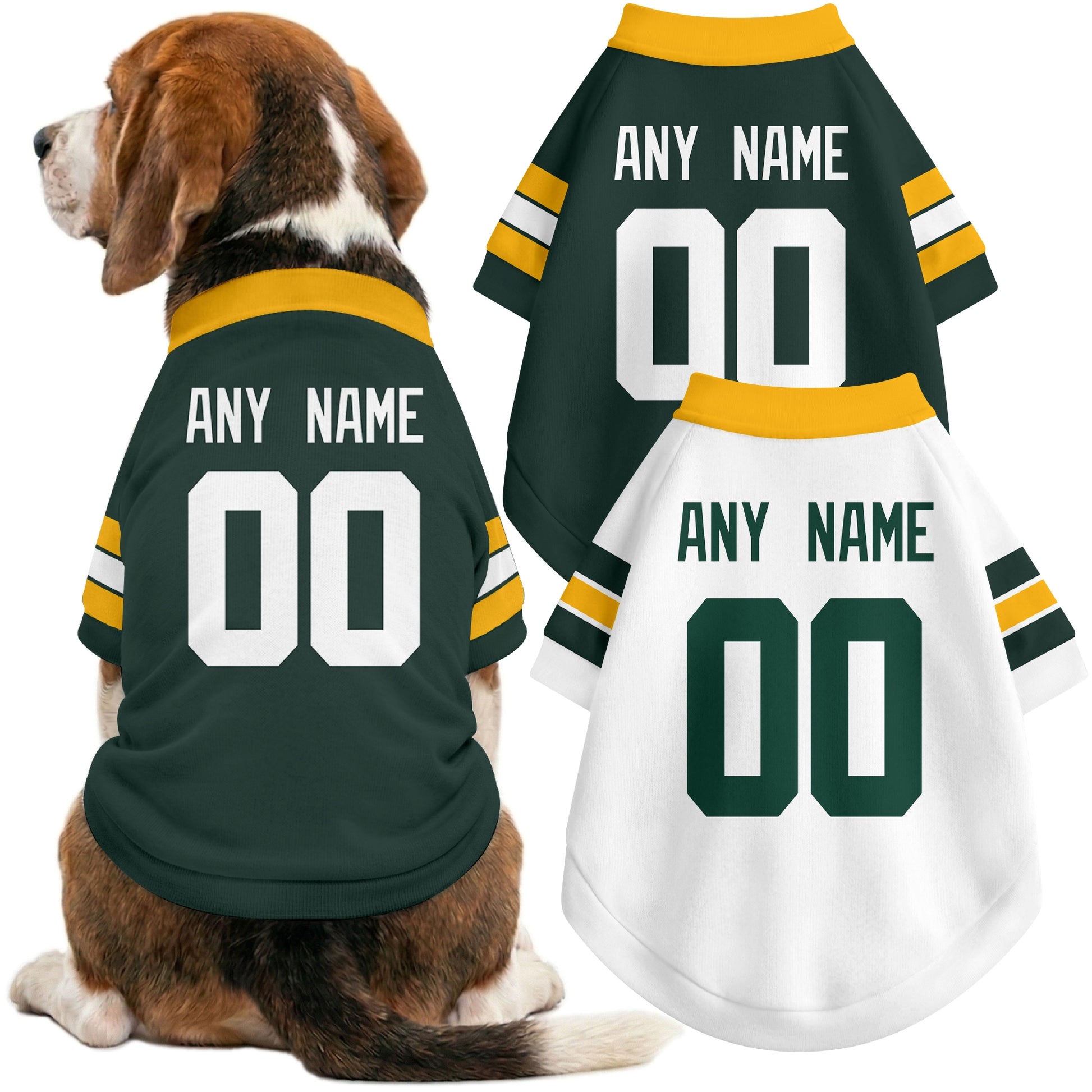 Dog wearing custom football-style dog jersey in green white gold with personalized name and number