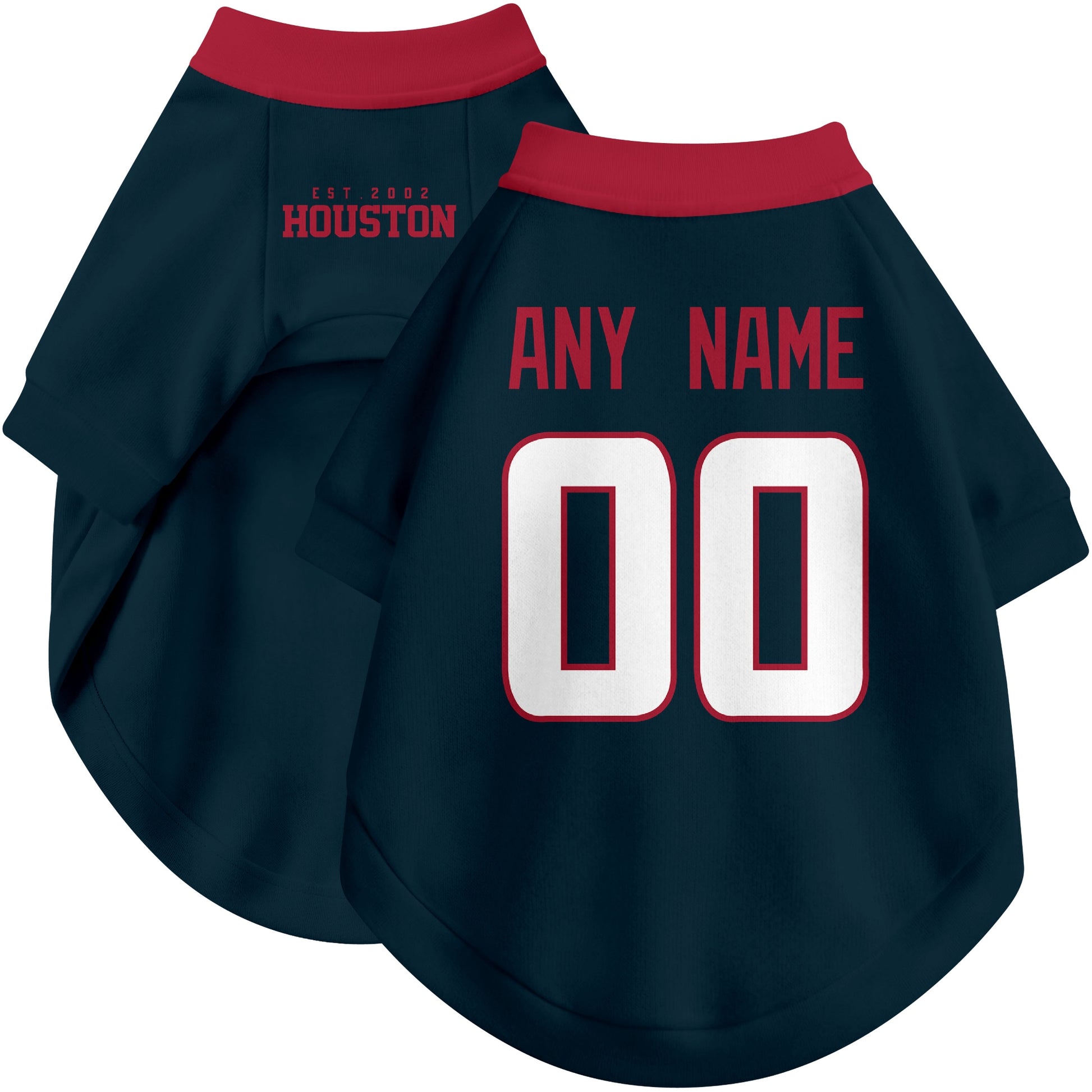 Custom football-style dog jersey in navy personalized with any name and number