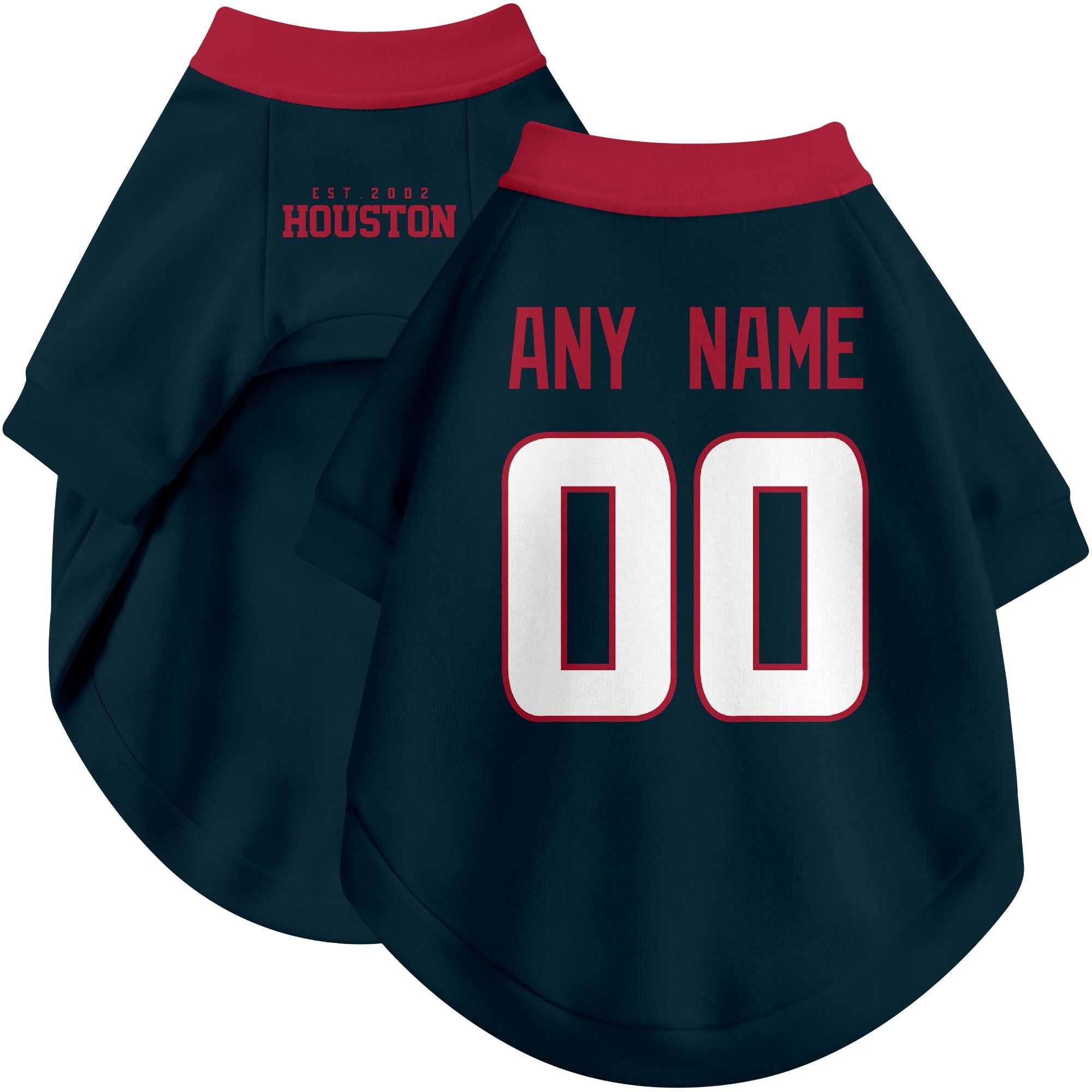Custom football-style dog jersey in navy personalized with any name and number