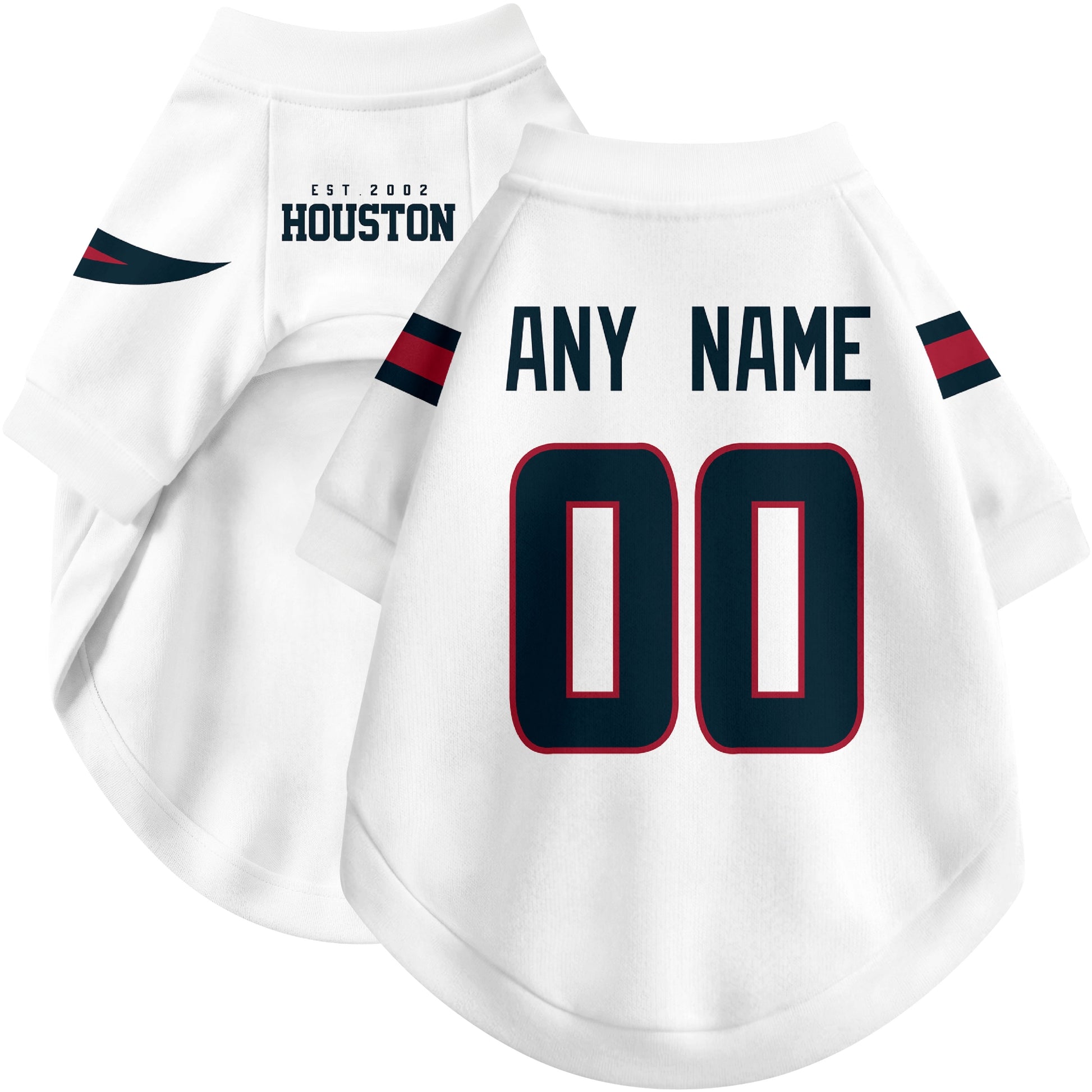 Custom football-style dog jersey in white personalized with any name and number