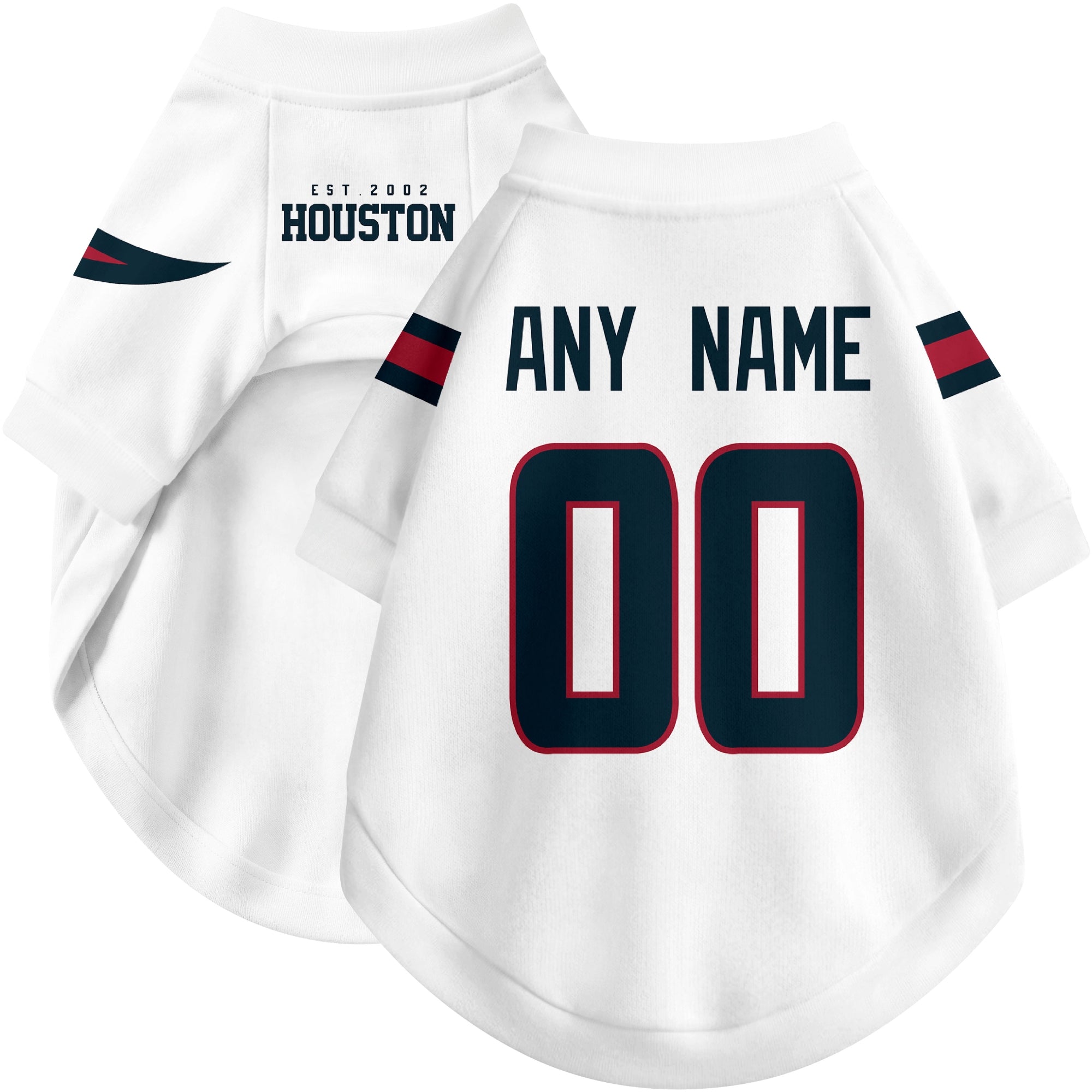 Custom football-style dog jersey in white personalized with any name and number