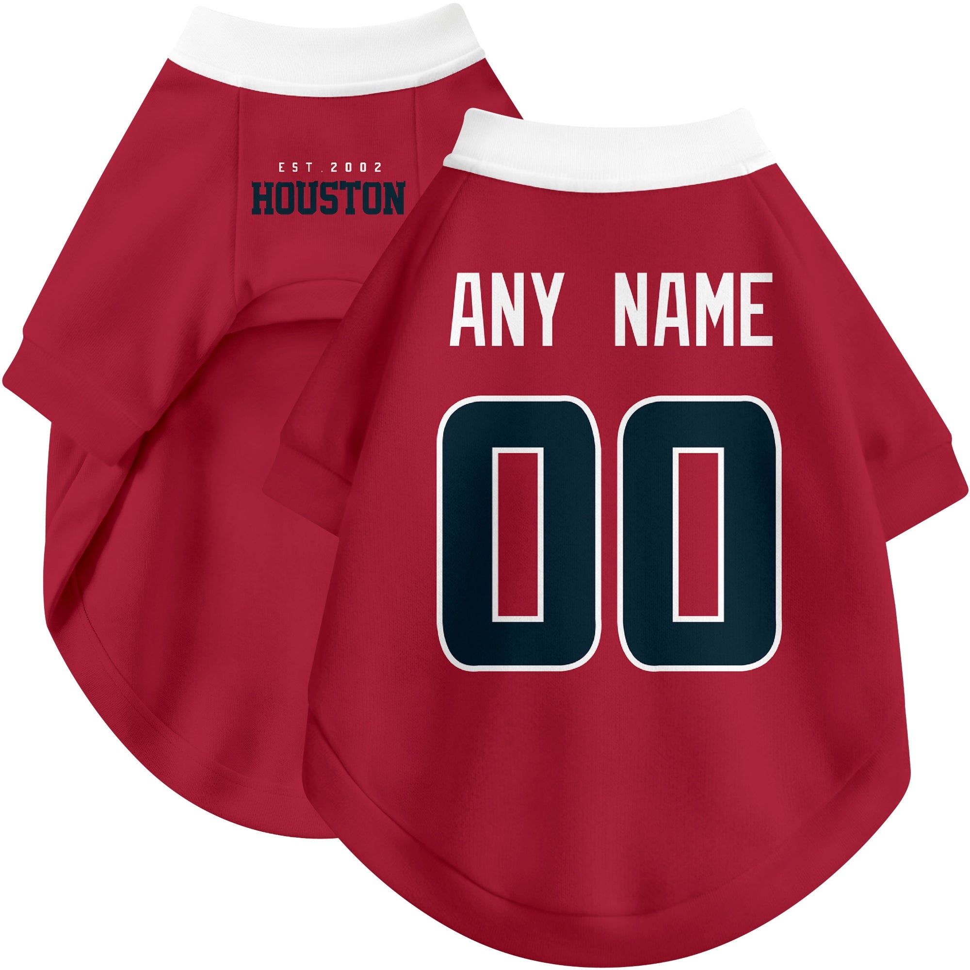Custom football-style dog jersey in red personalized with any name and number