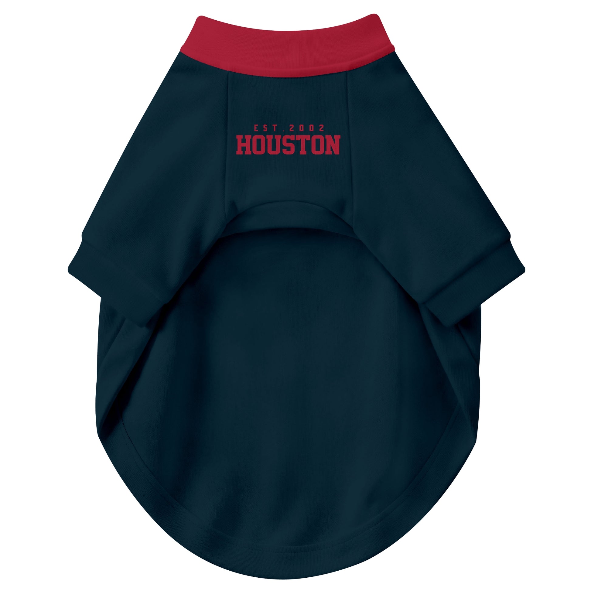 Front view of custom dog jersey in navy personalized with name and number