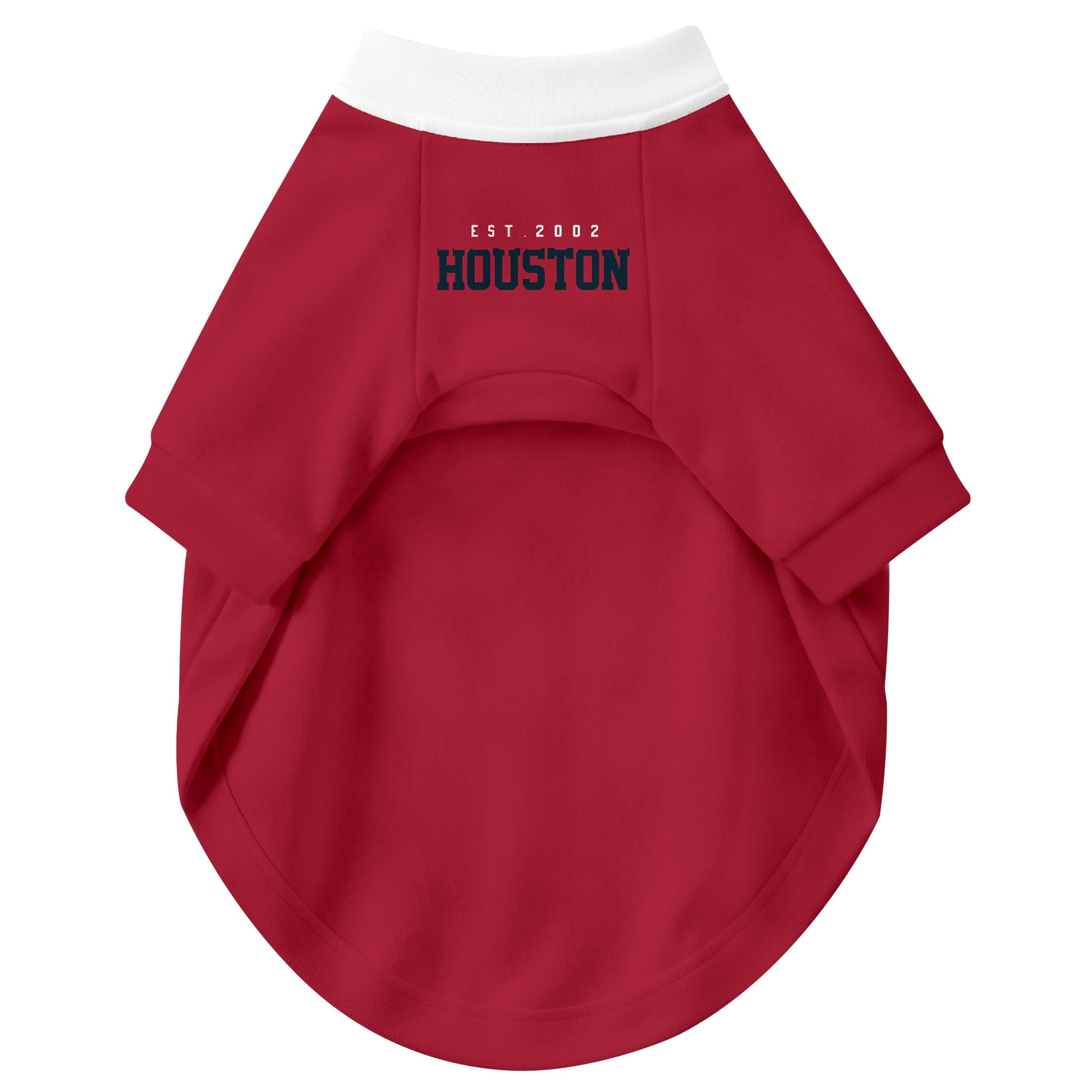 Front view of custom dog jersey in red personalized with name and number