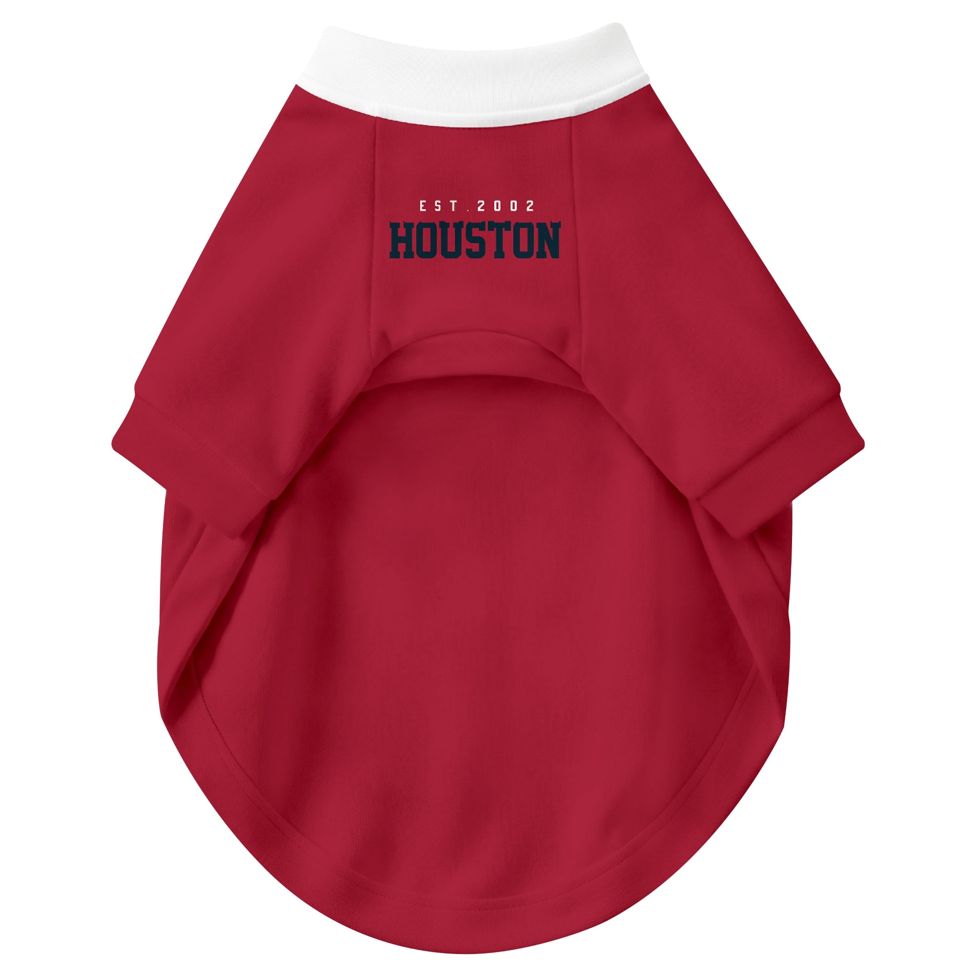 Front view of custom dog jersey in red personalized with name and number