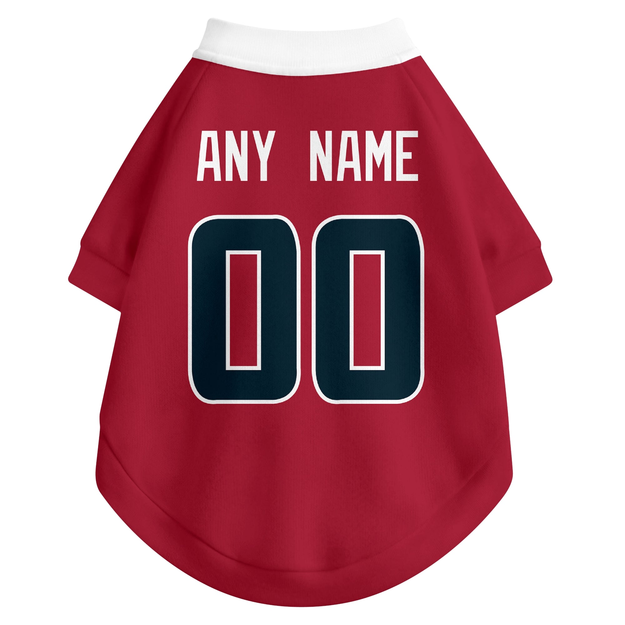 Back view of custom dog jersey in red showing name and number customization