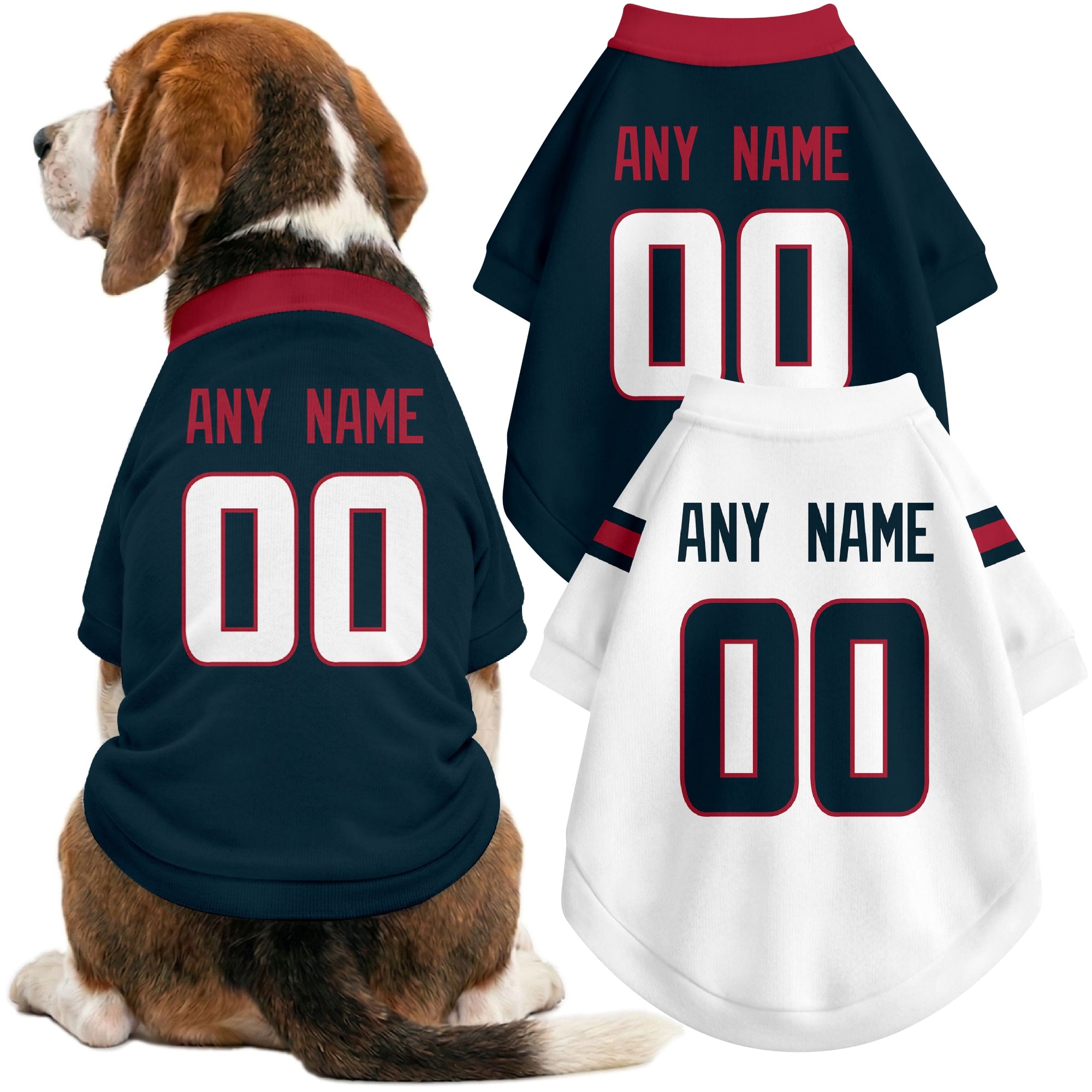 Dog wearing custom football-style dog jersey in navy white red with personalized name and number