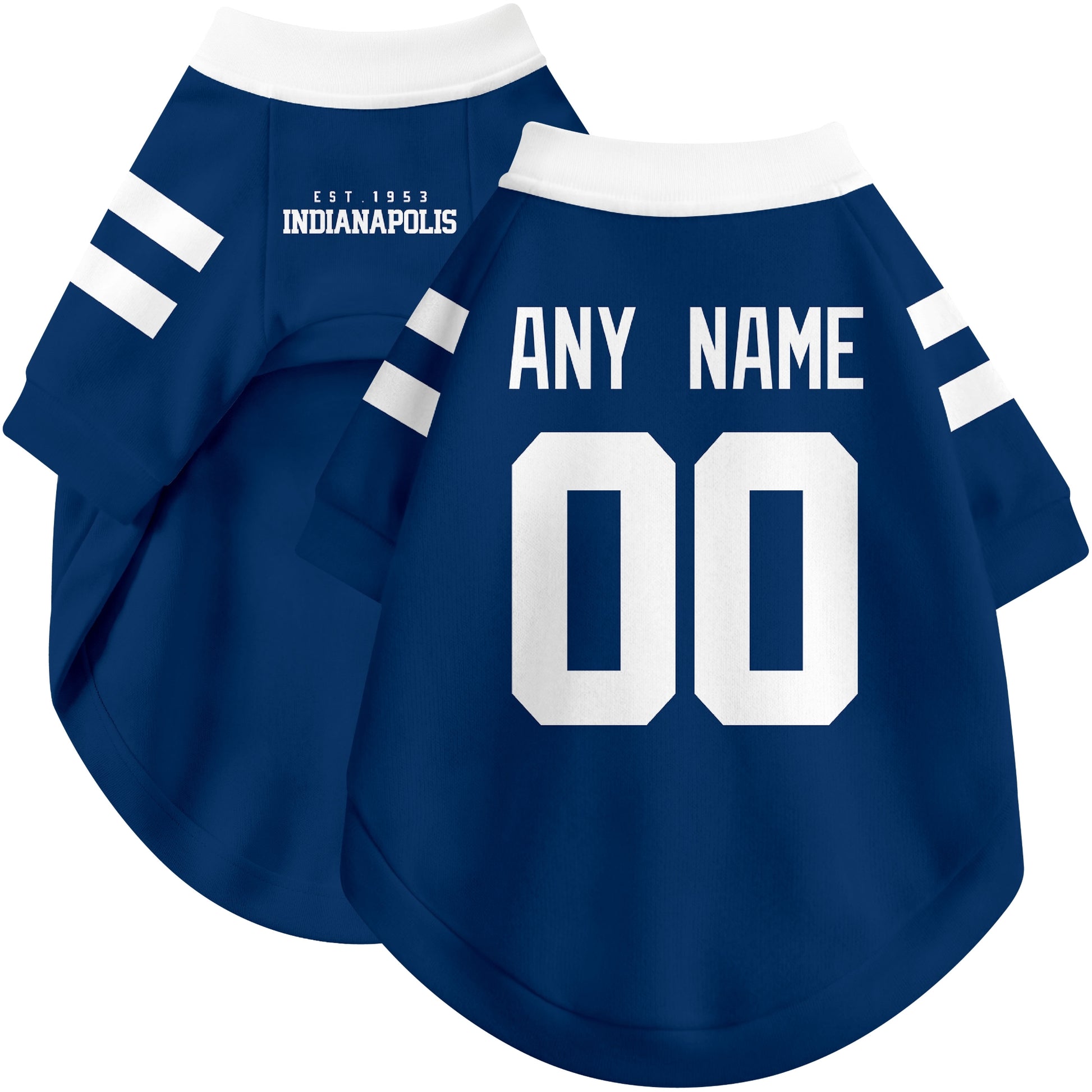 Custom football-style dog jersey in royal personalized with any name and number