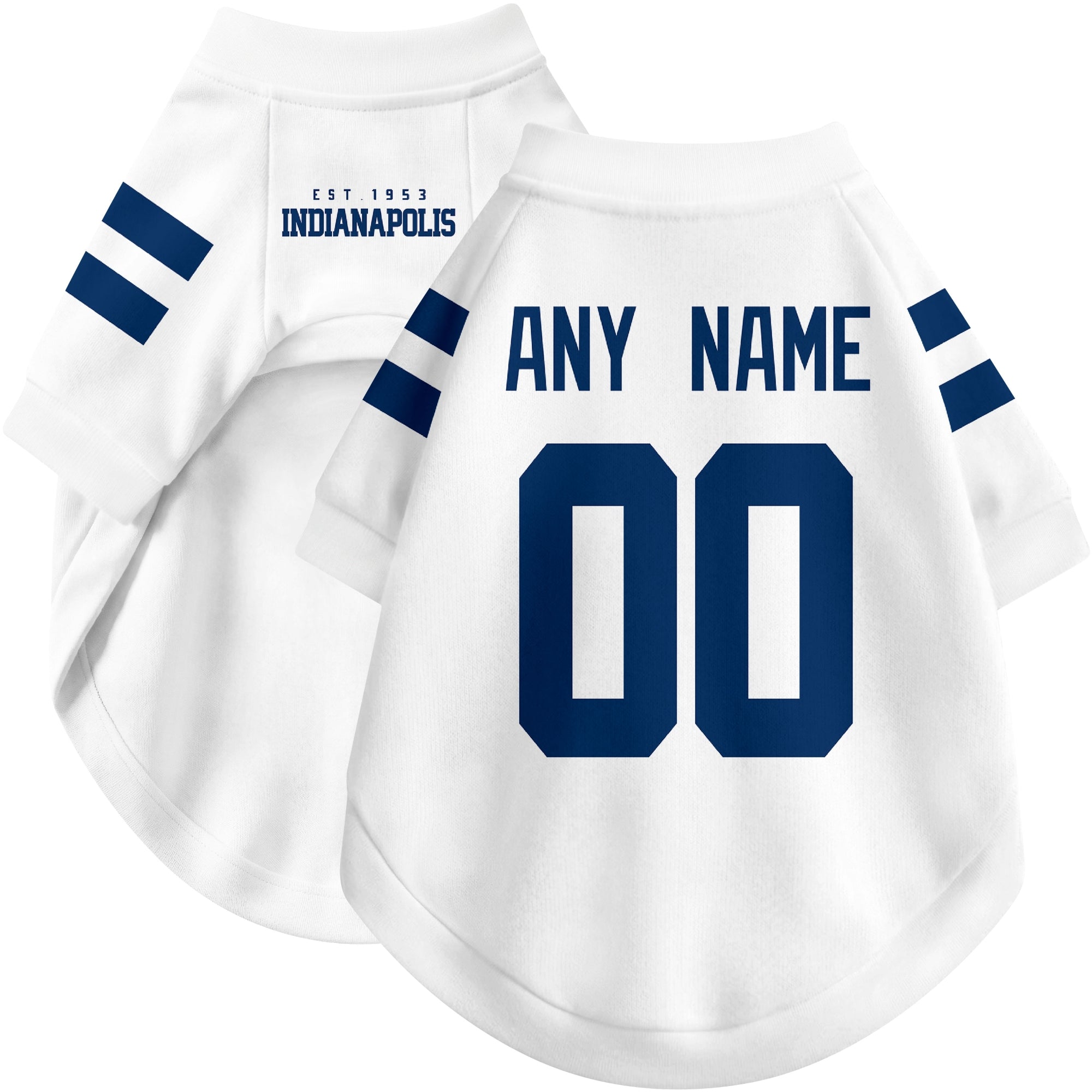 Custom football-style dog jersey in white personalized with any name and number