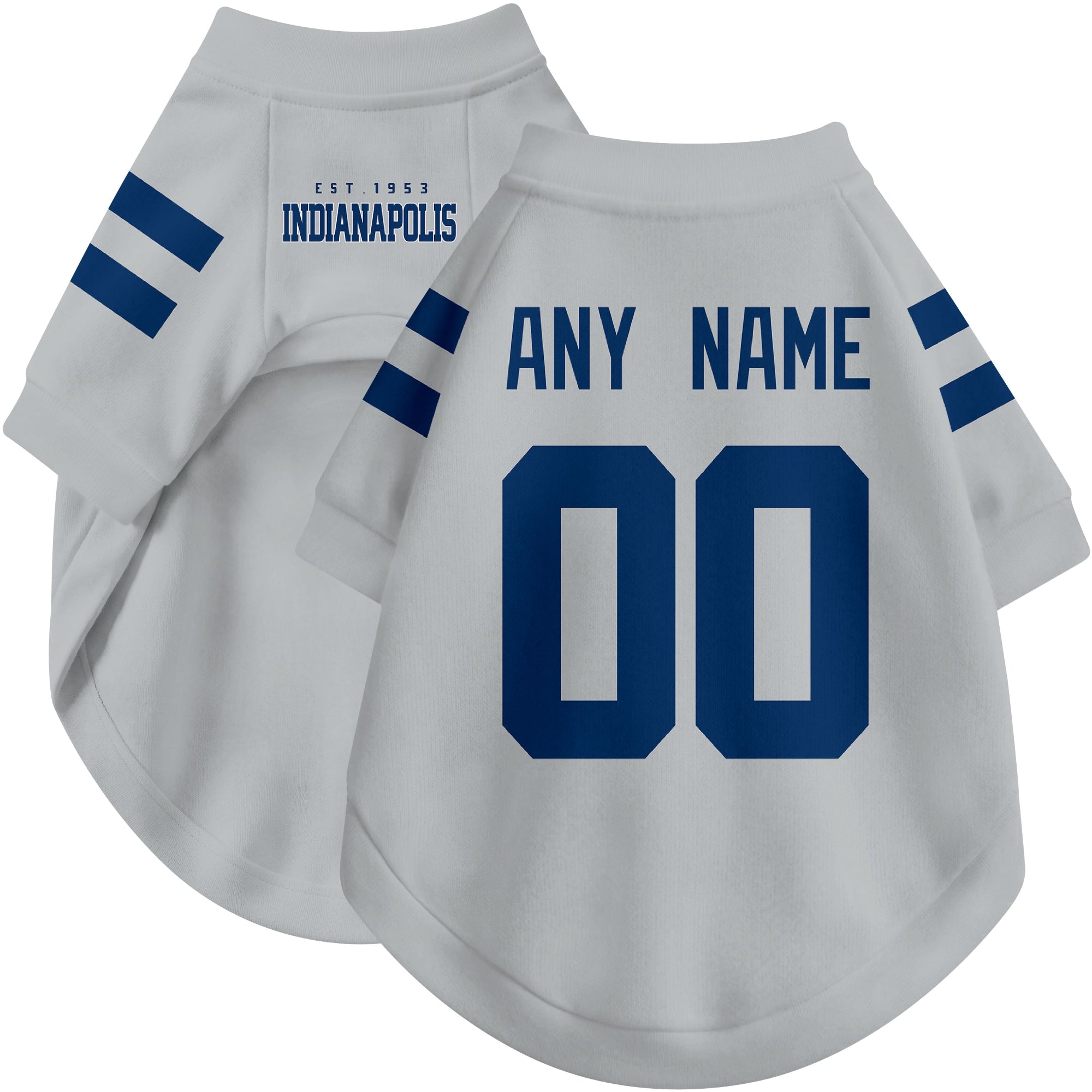 Custom football-style dog jersey in gray personalized with any name and number