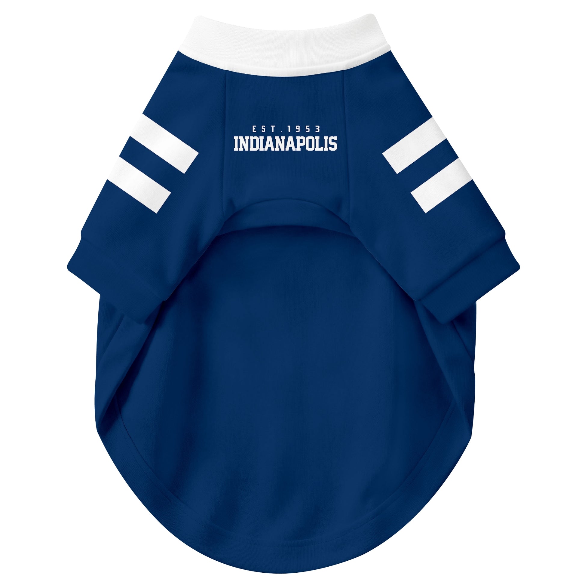 Front view of custom dog jersey in royal personalized with name and number