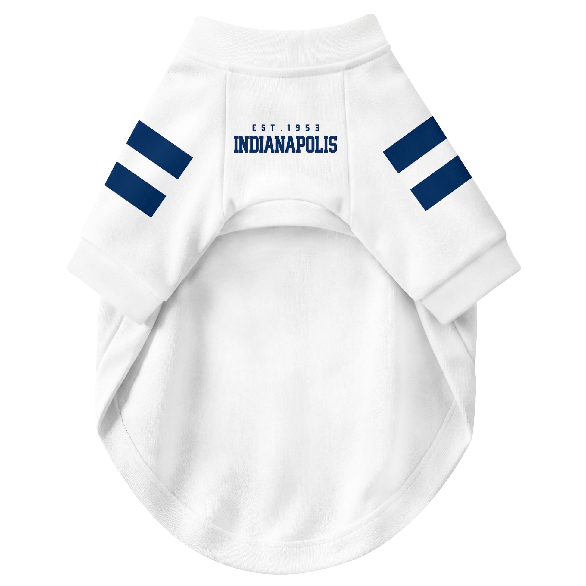 Front view of custom dog jersey in white personalized with name and number
