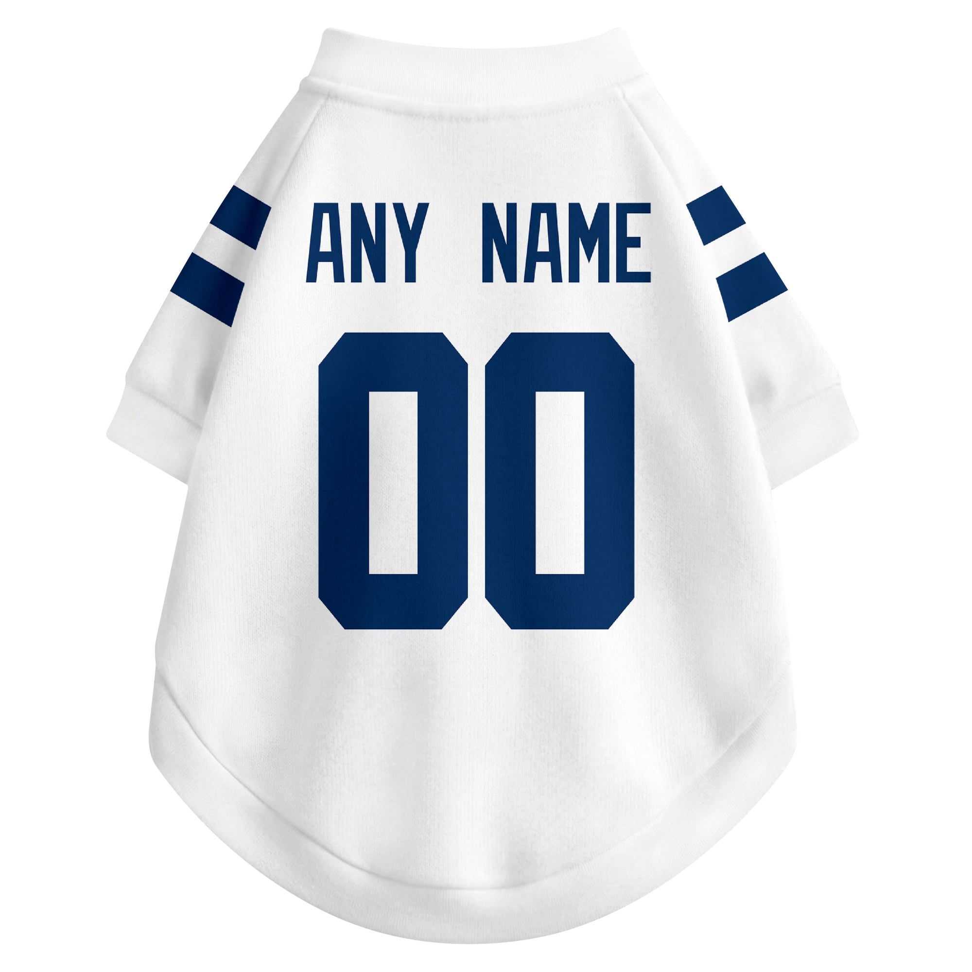 Back view of custom dog jersey in white showing name and number customization
