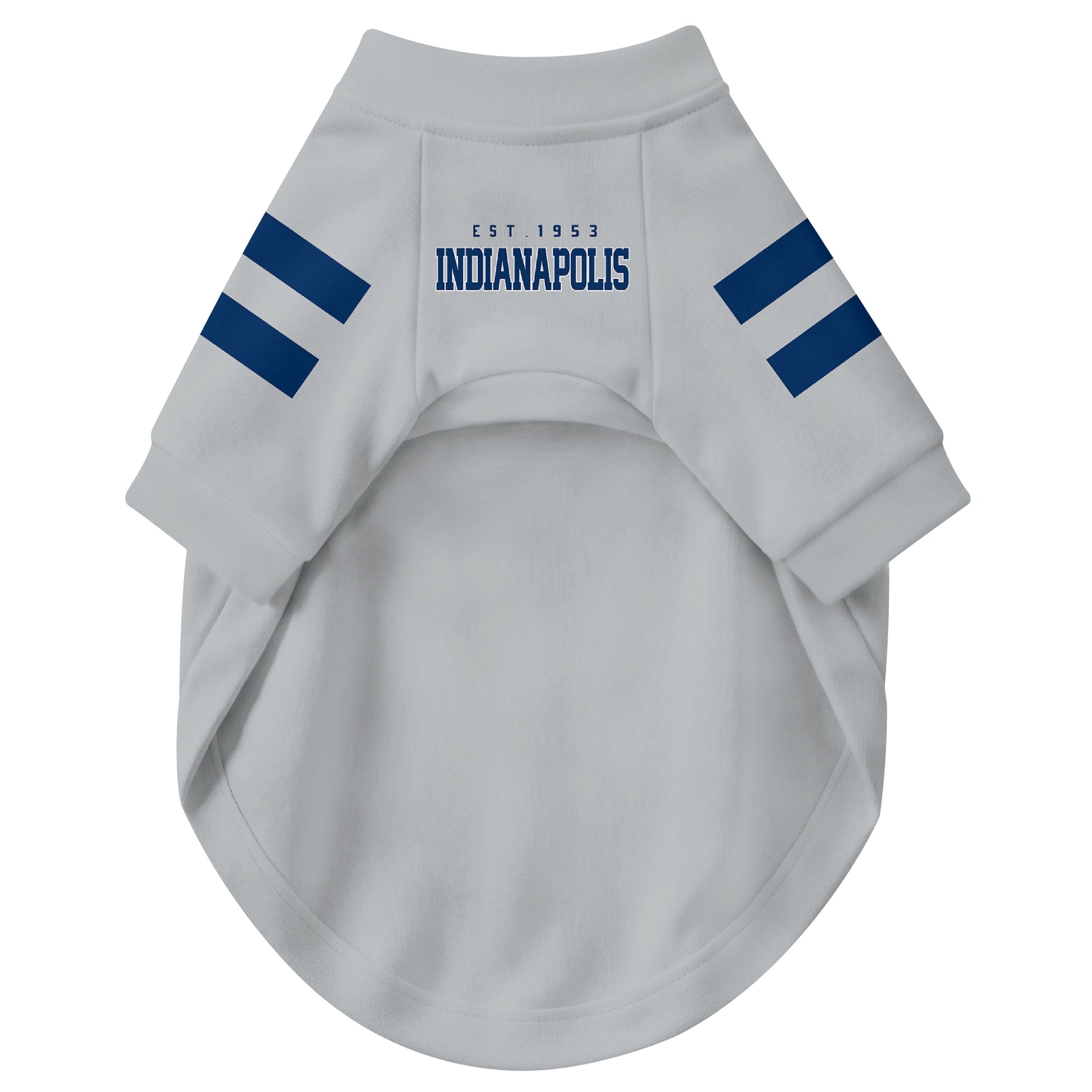 Front view of custom dog jersey in gray personalized with name and number