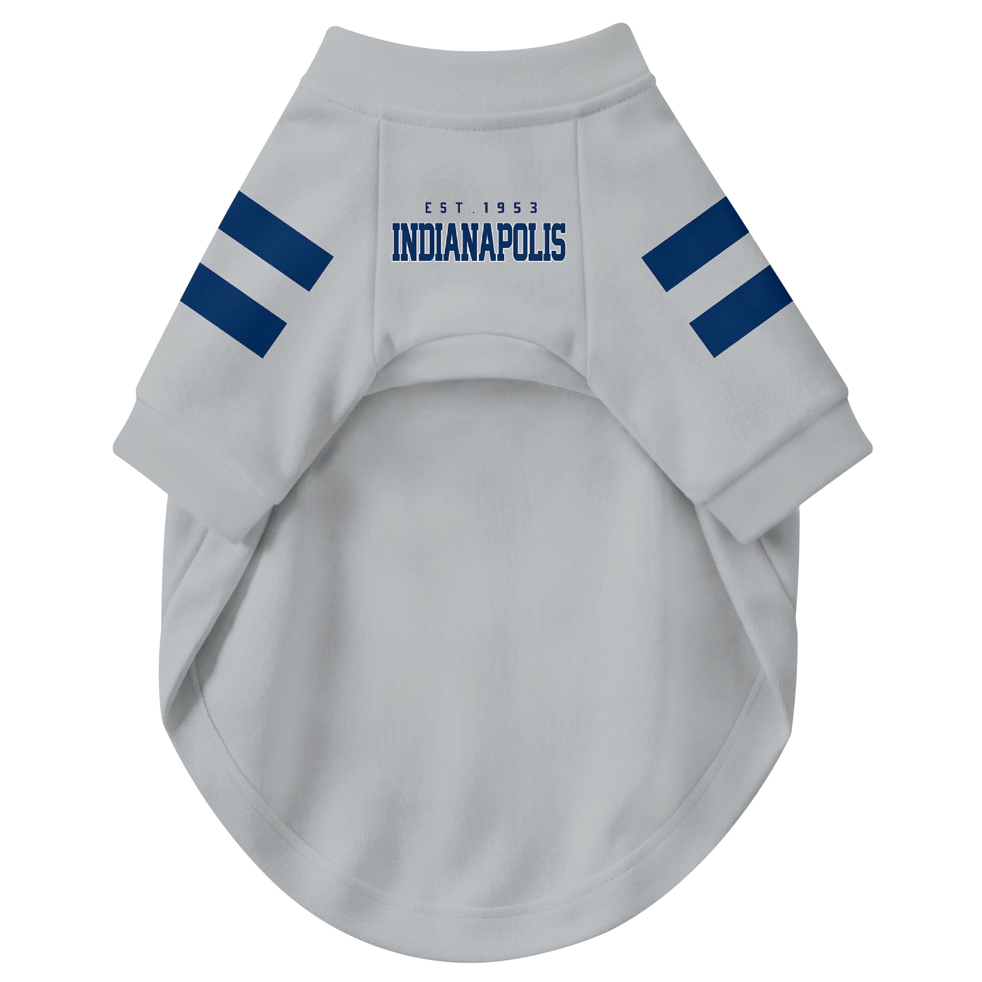 Front view of custom dog jersey in gray personalized with name and number