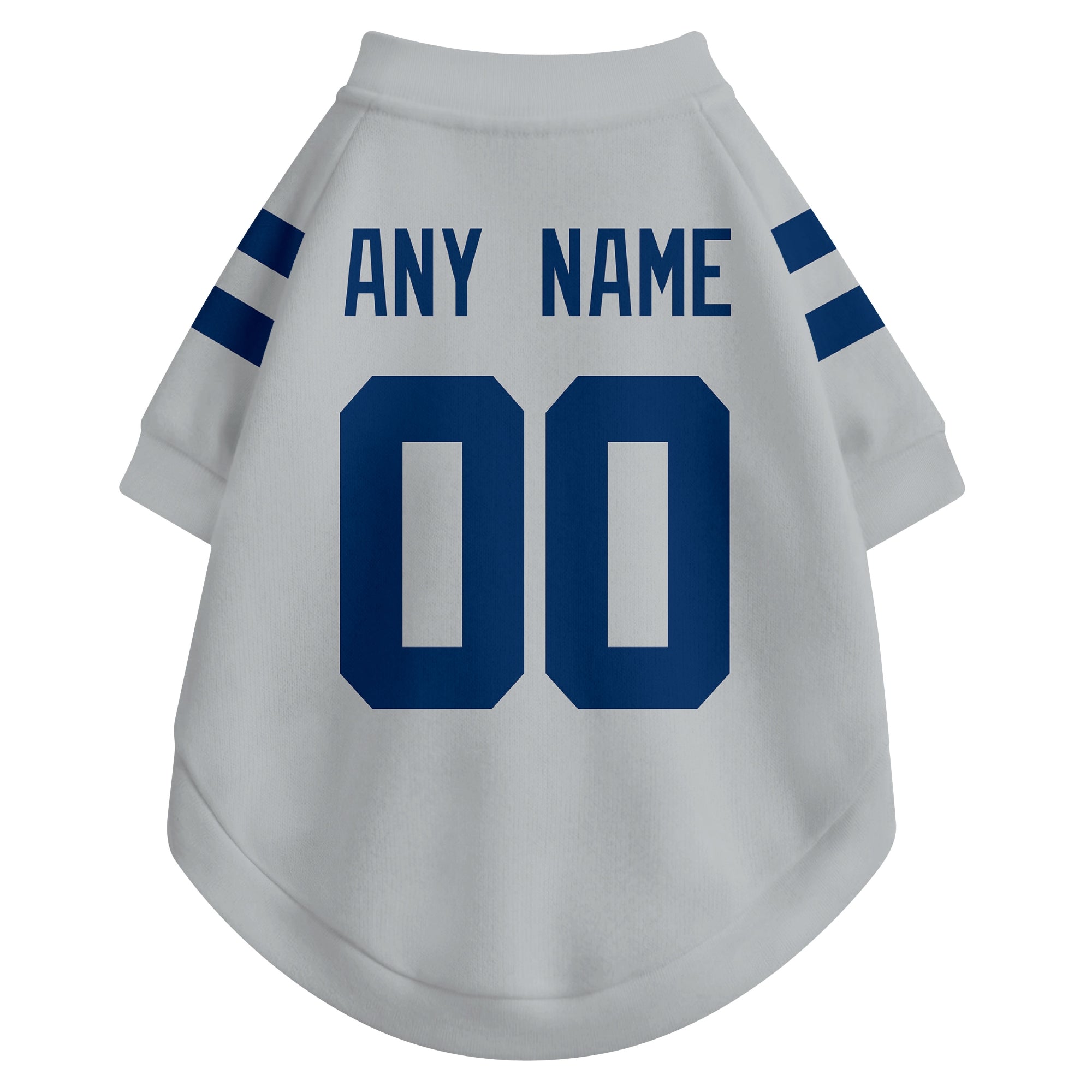 Back view of custom dog jersey in gray showing name and number customization