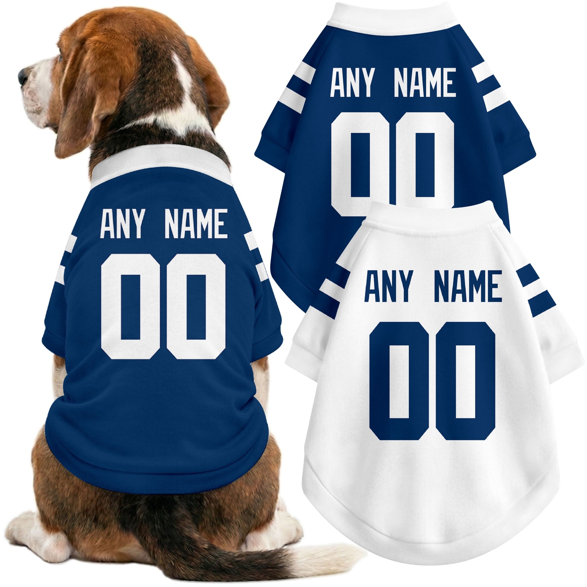Dog wearing custom football-style dog jersey in royal white gray with personalized name and number