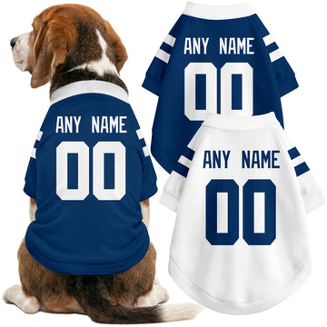 Dog wearing custom football-style dog jersey in royal white gray with personalized name and number