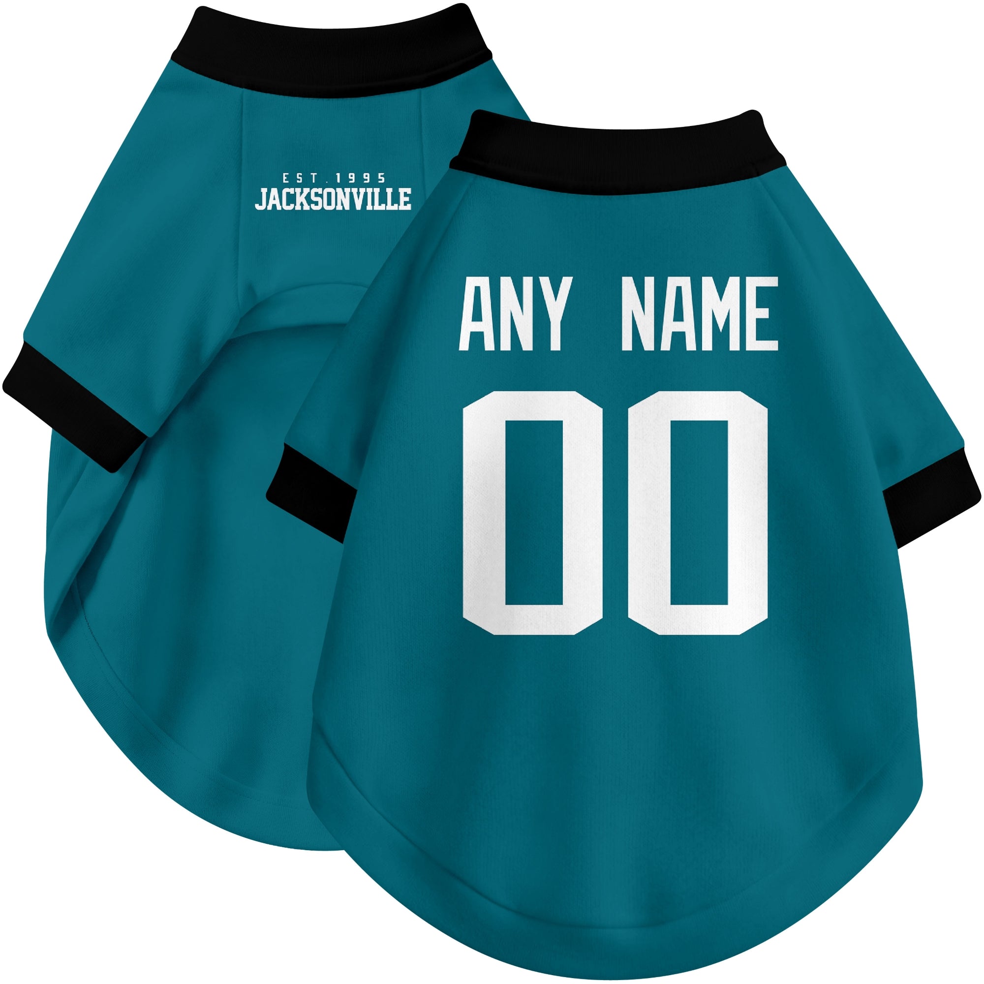 Custom football-style dog jersey in teal personalized with any name and number