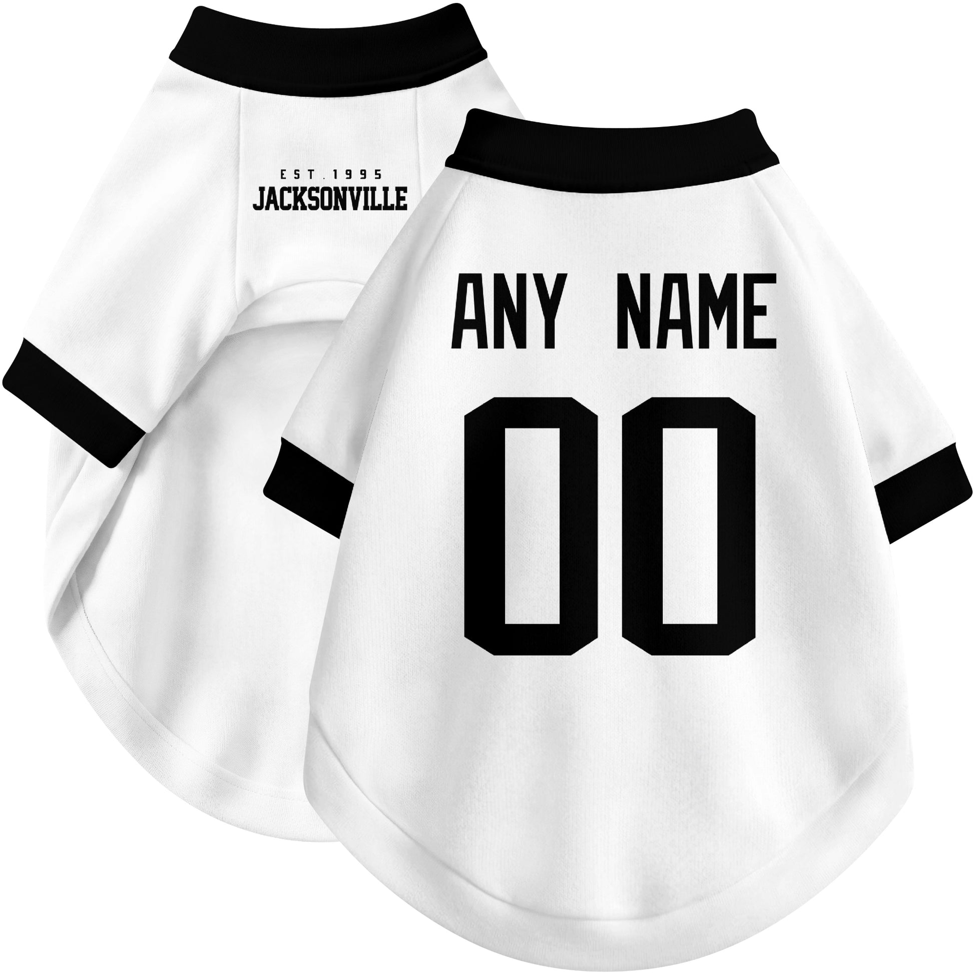 Custom football-style dog jersey in white personalized with any name and number