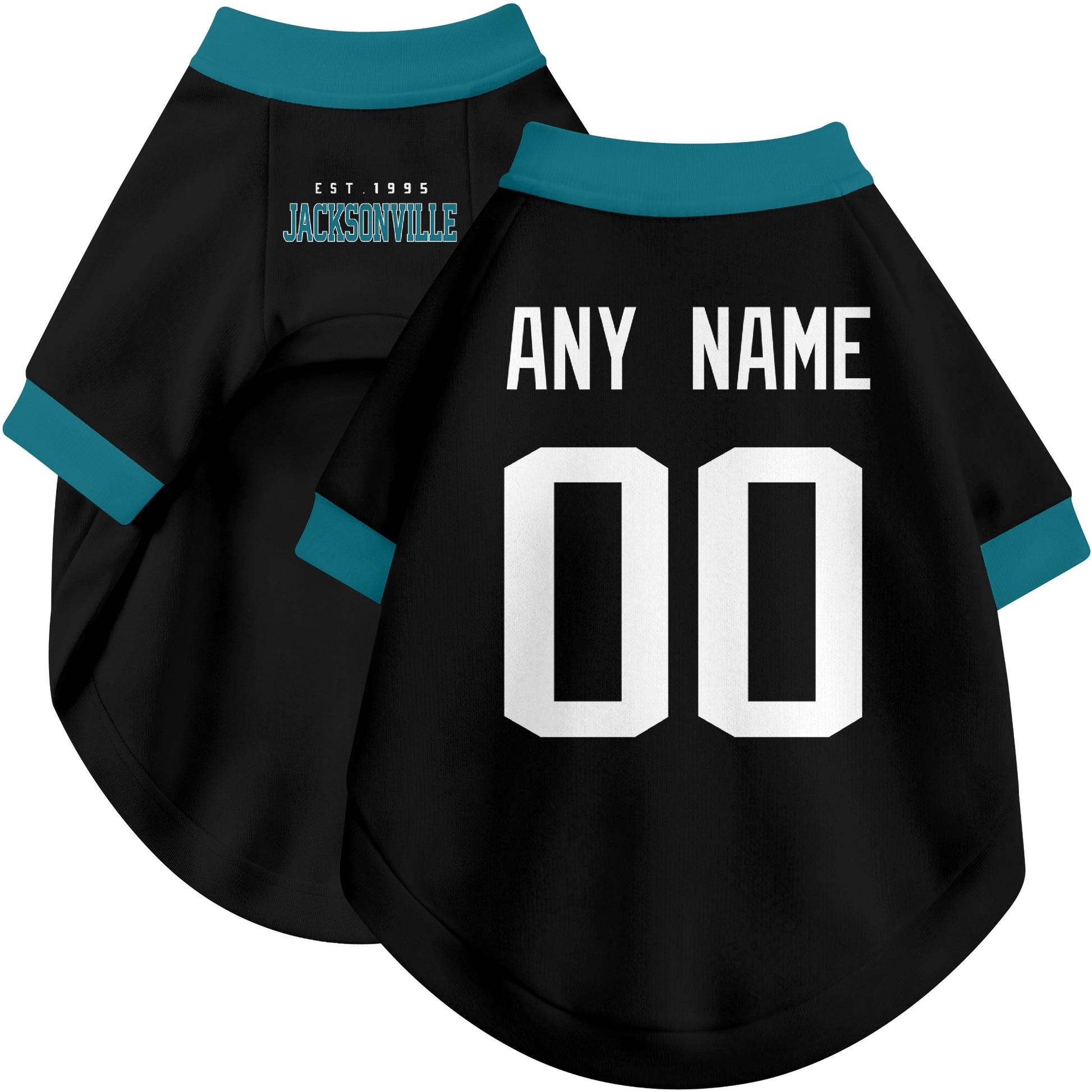 Custom football-style dog jersey in black personalized with any name and number