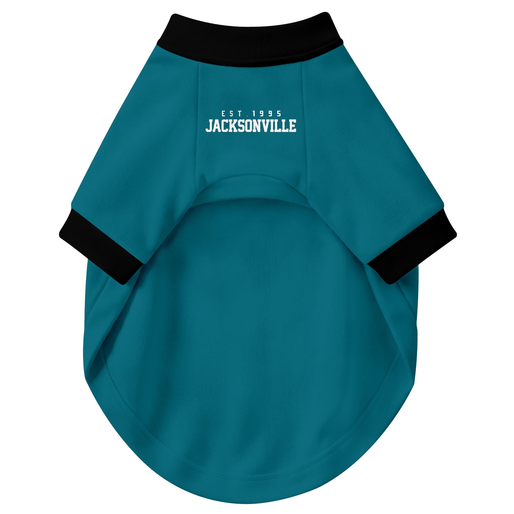 Front view of custom dog jersey in teal personalized with name and number