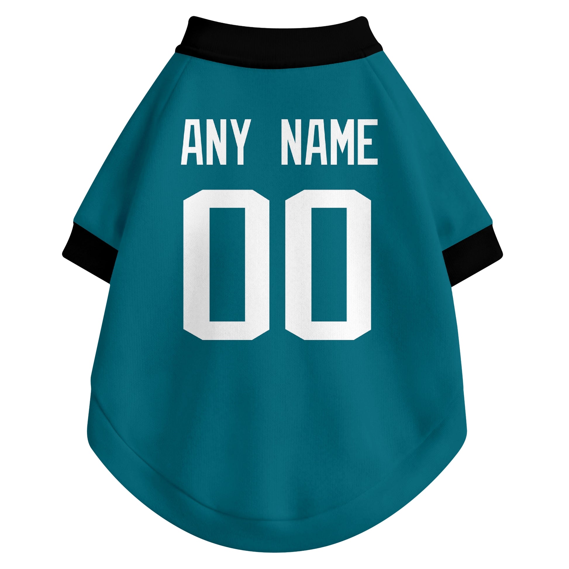 Back view of custom dog jersey in teal showing name and number customization