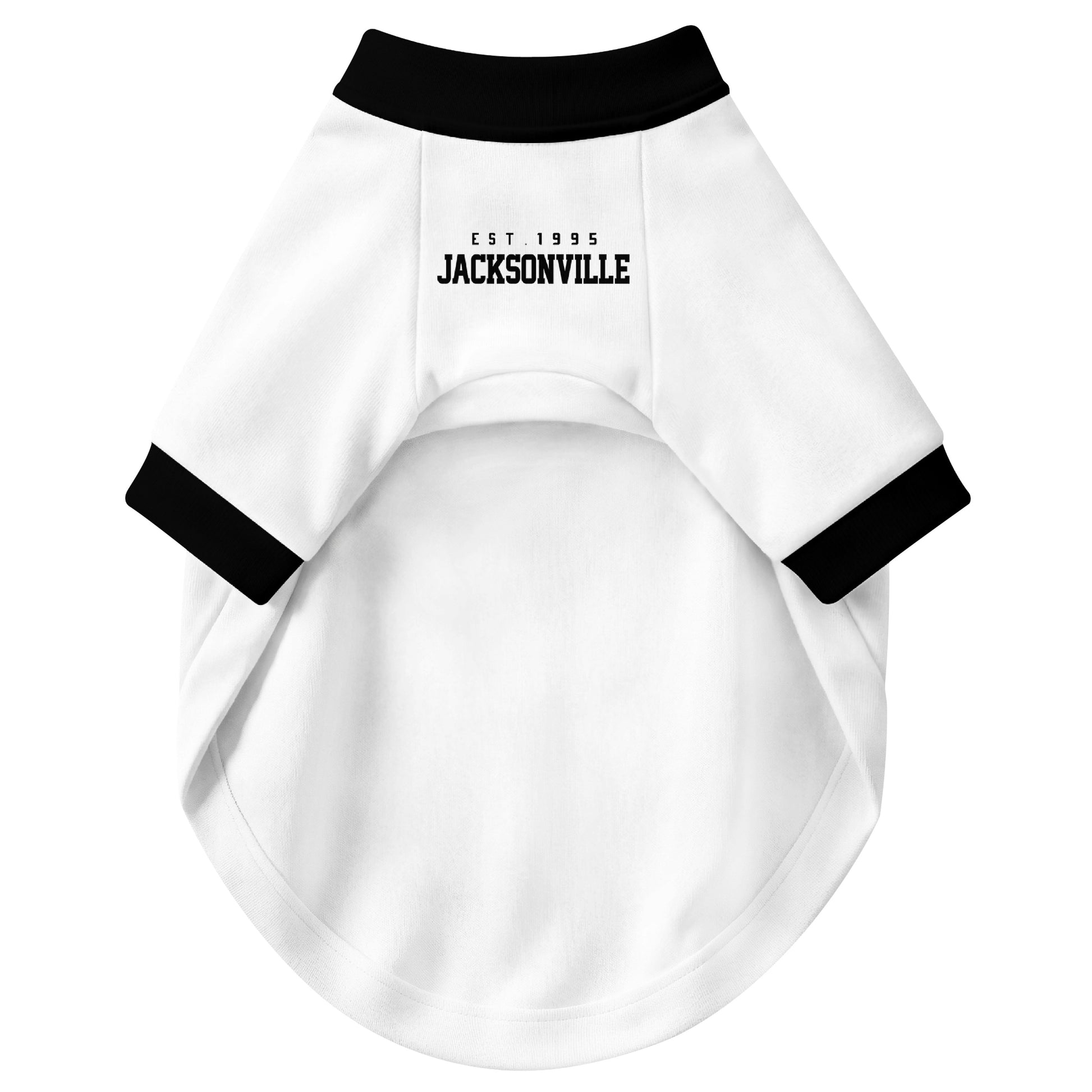 Front view of custom dog jersey in white personalized with name and number