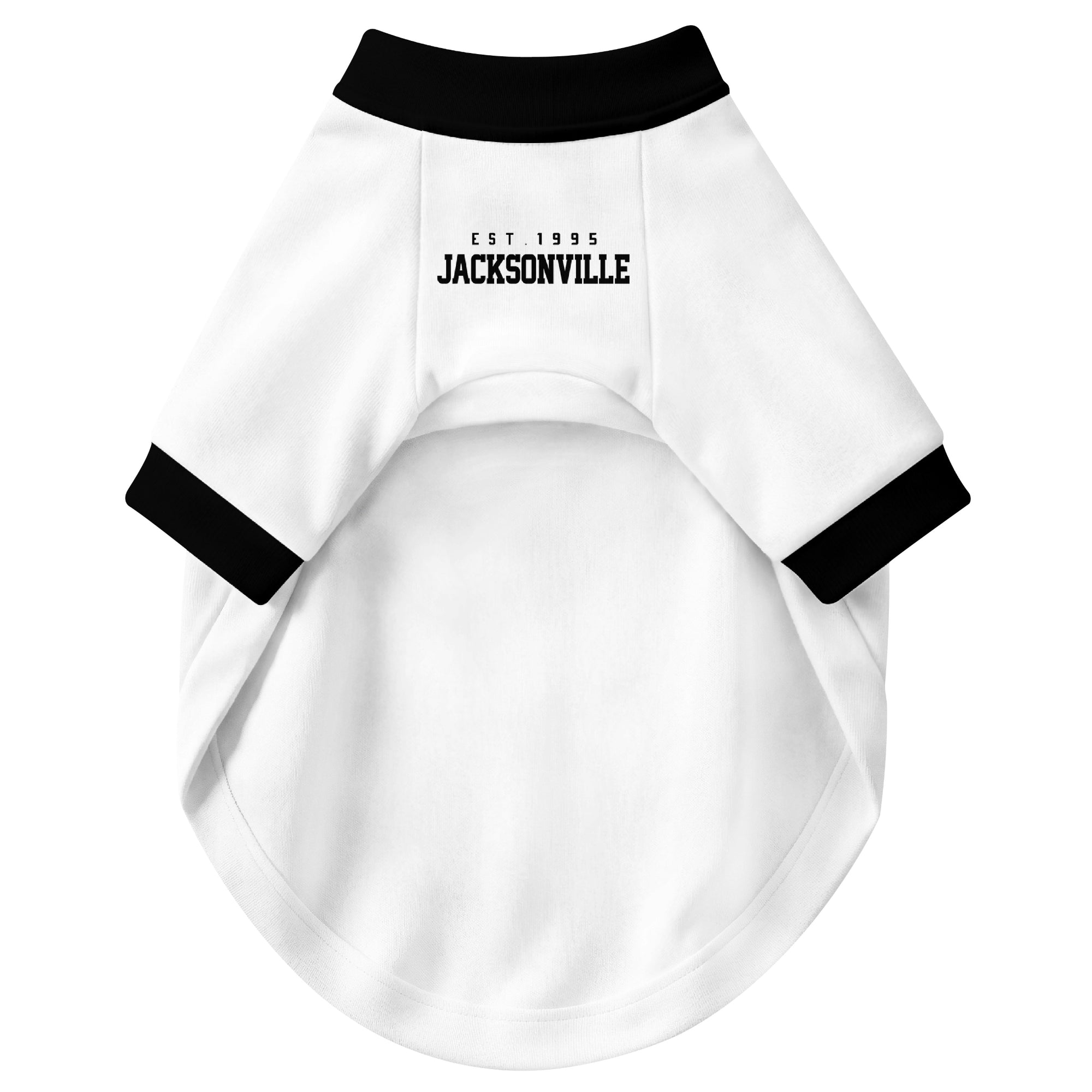 Front view of custom dog jersey in white personalized with name and number