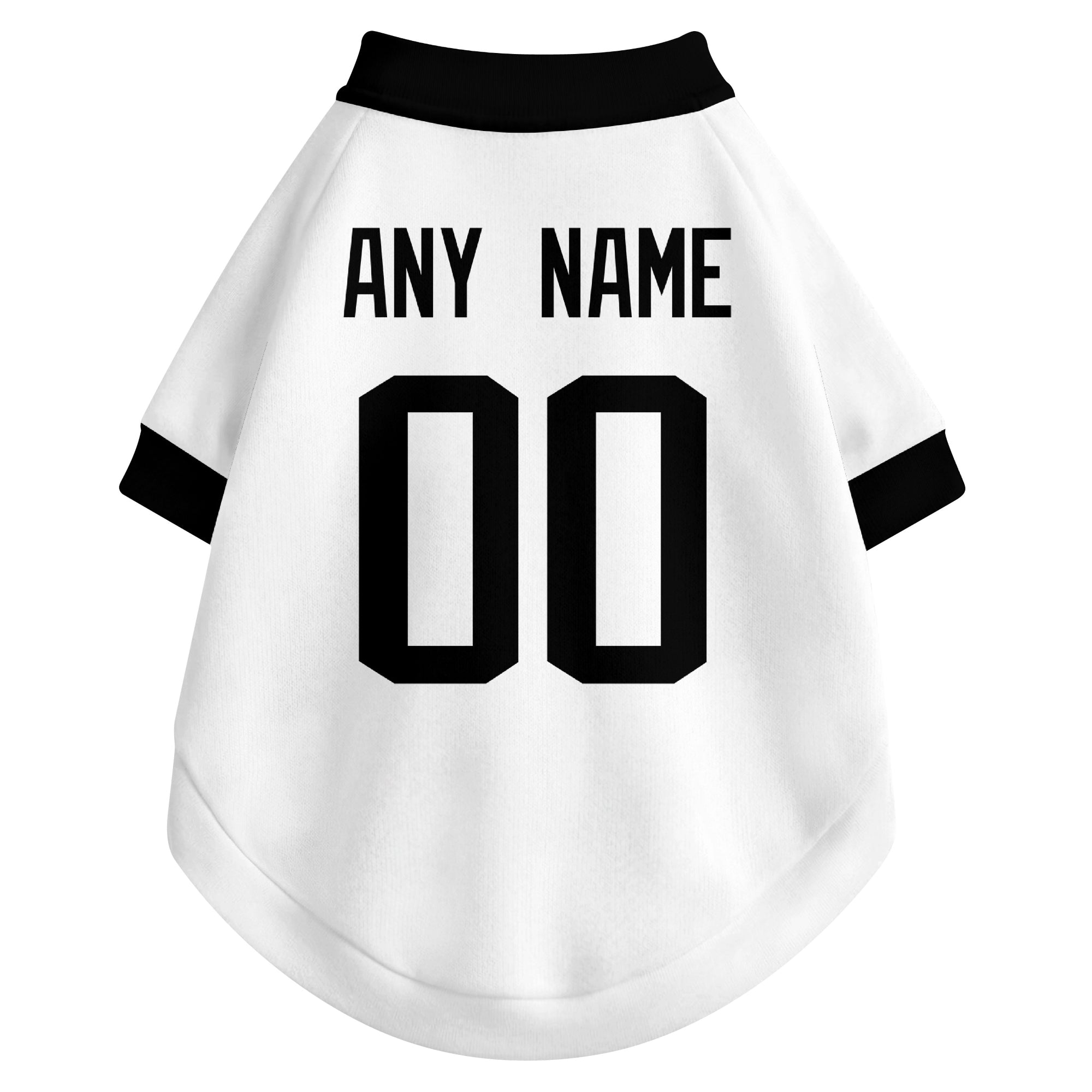 Back view of custom dog jersey in white showing name and number customization