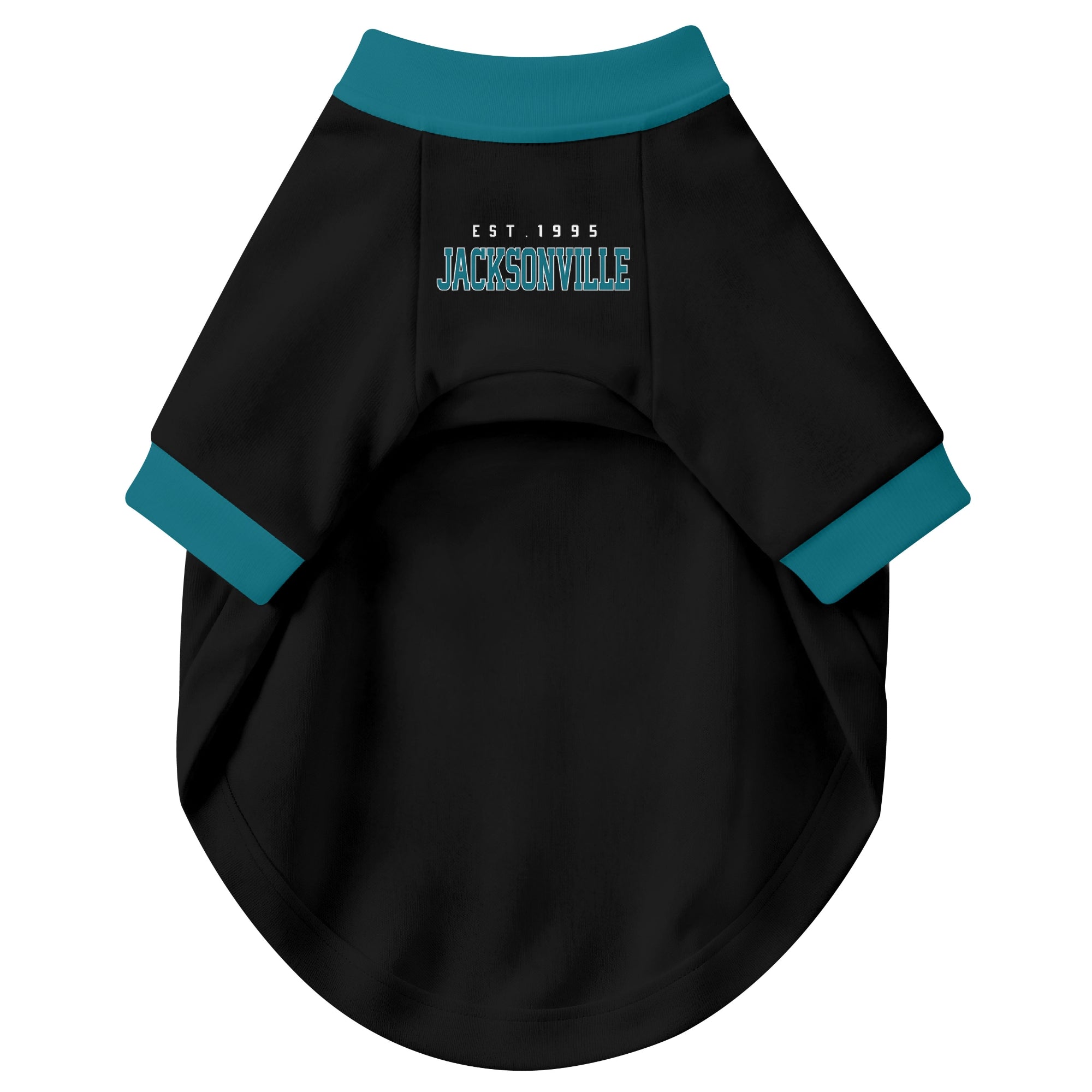 Front view of custom dog jersey in black personalized with name and number
