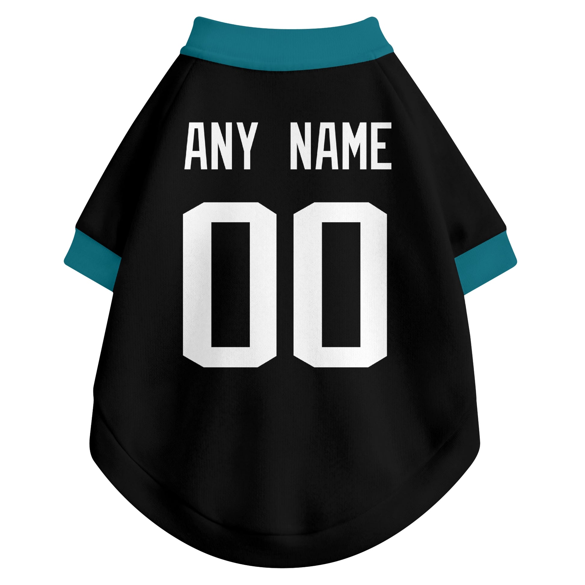 Back view of custom dog jersey in black showing name and number customization