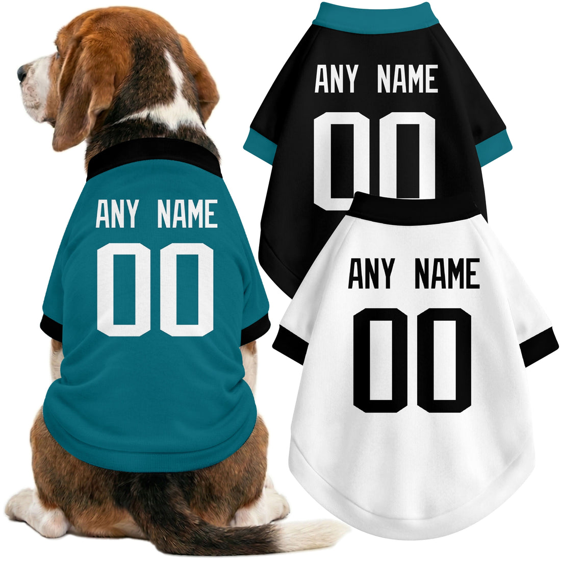 Dog wearing custom football-style dog jersey in teal white black with personalized name and number