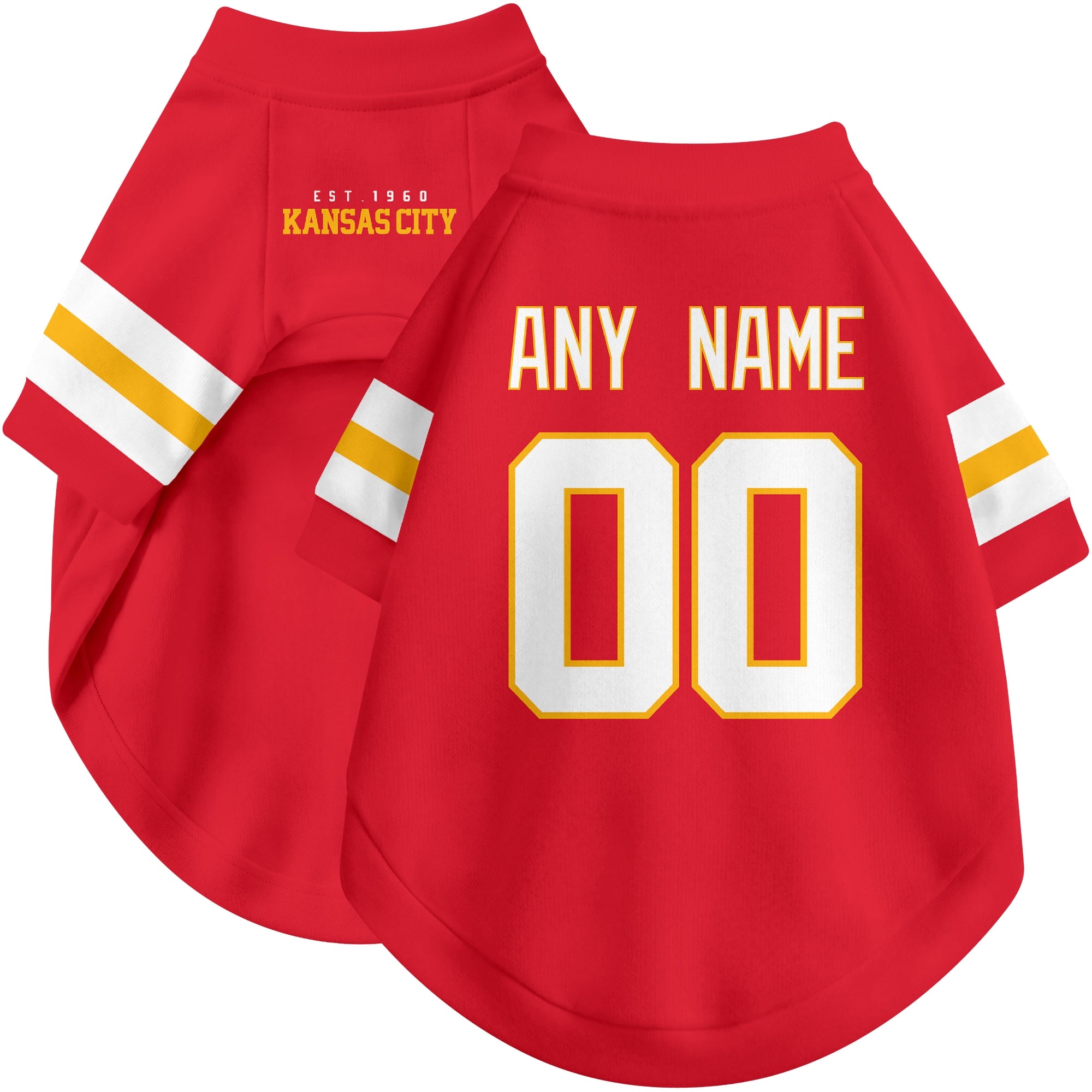 Custom football-style dog jersey in red personalized with any name and number