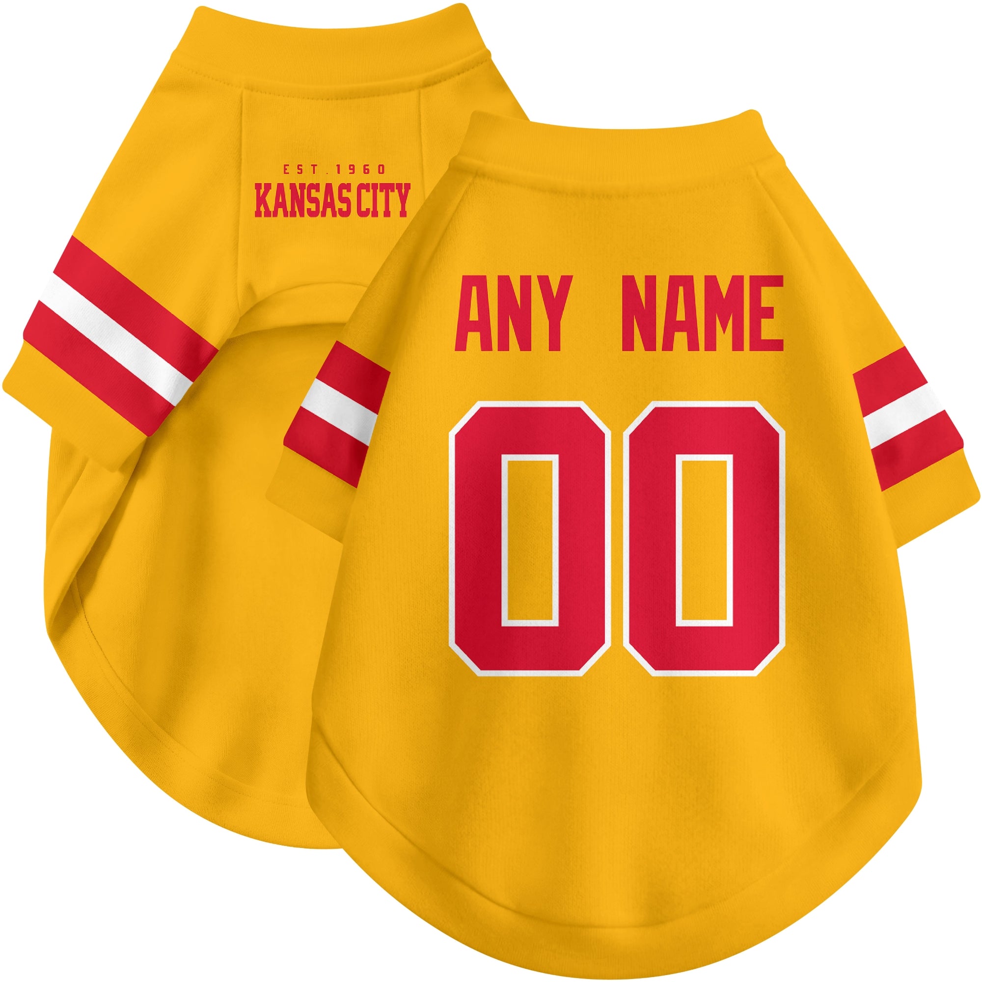 Custom football-style dog jersey in gold personalized with any name and number