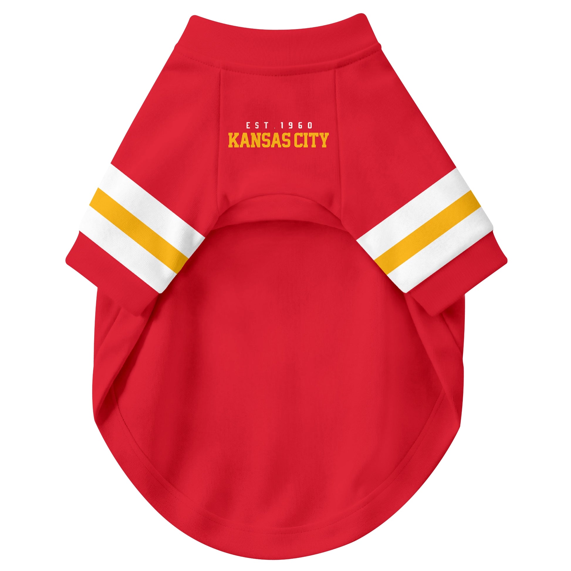 Front view of custom dog jersey in red personalized with name and number