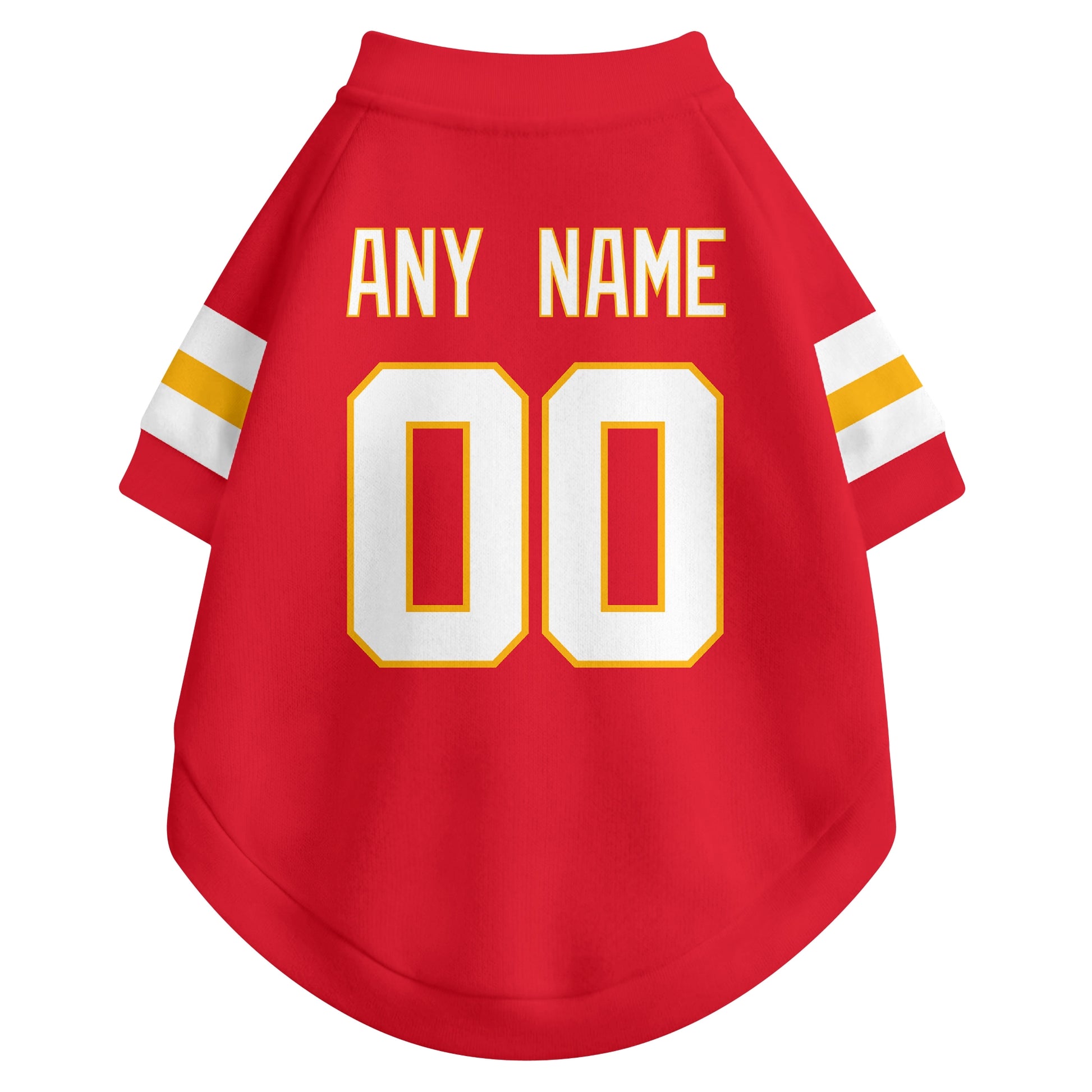 Back view of custom dog jersey in red showing name and number customization