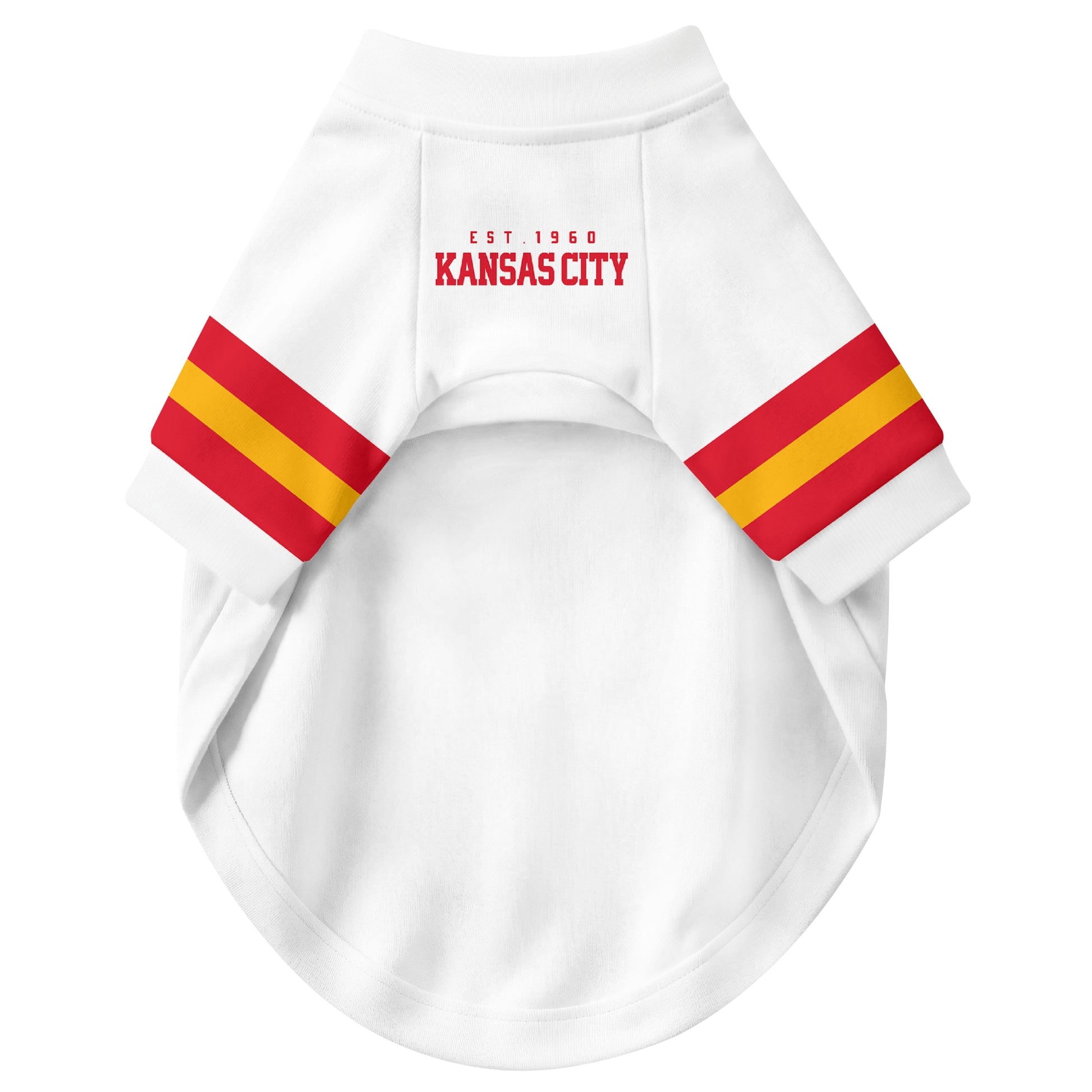 Front view of custom dog jersey in white personalized with name and number