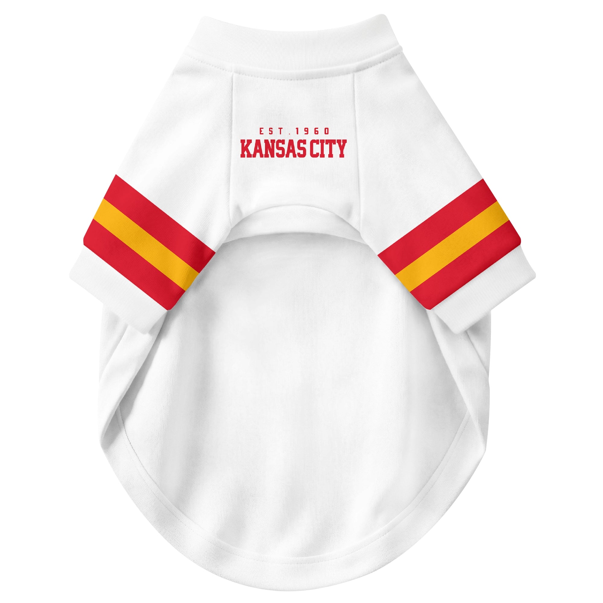 Front view of custom dog jersey in white personalized with name and number