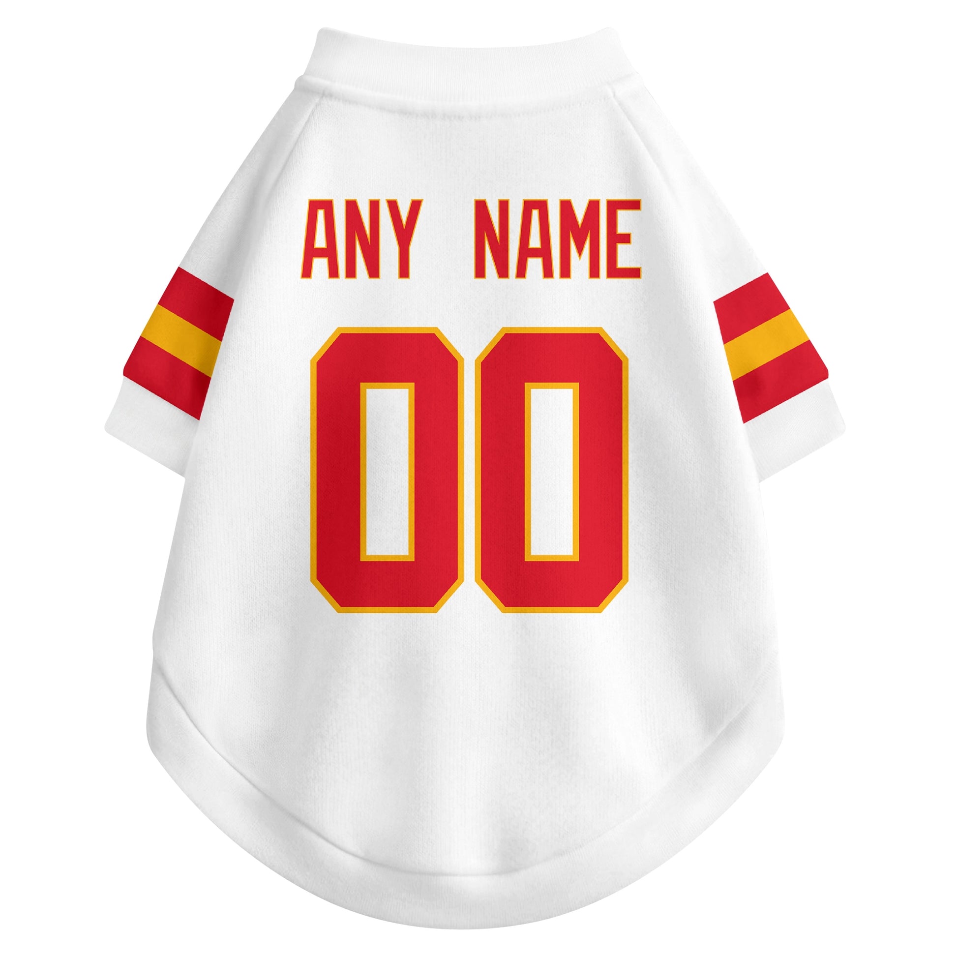 Back view of custom dog jersey in white showing name and number customization